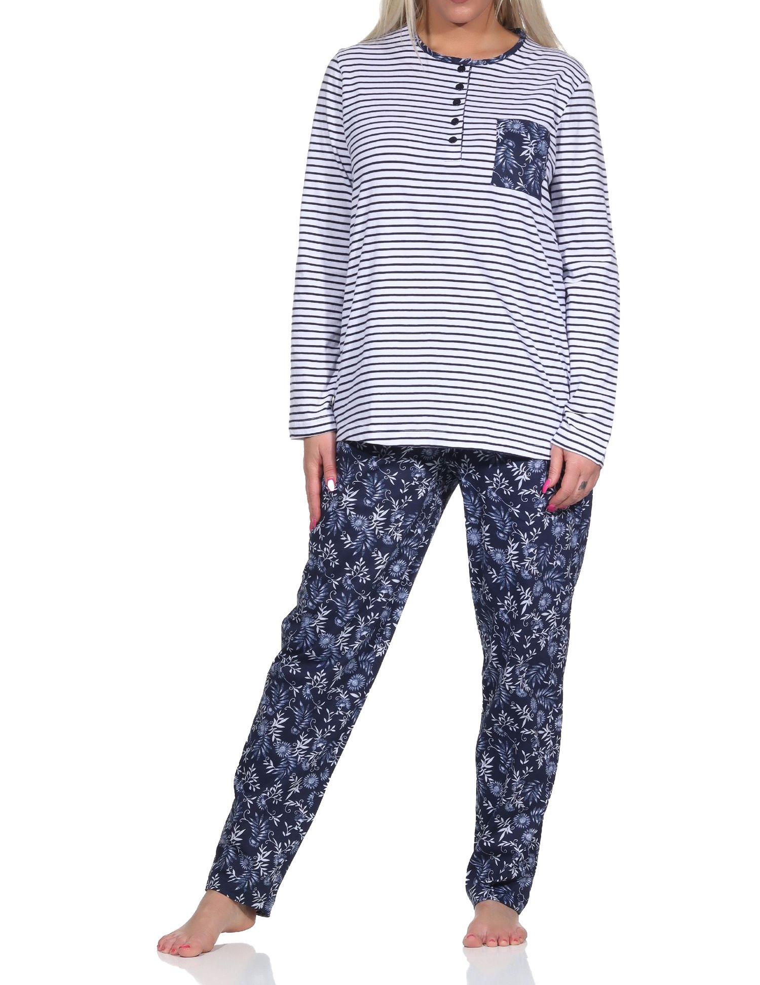 Normann Damen Schlafanzug Pyjama lang, Oberteil gestreift, Hose Blümchenmuster - 122 881