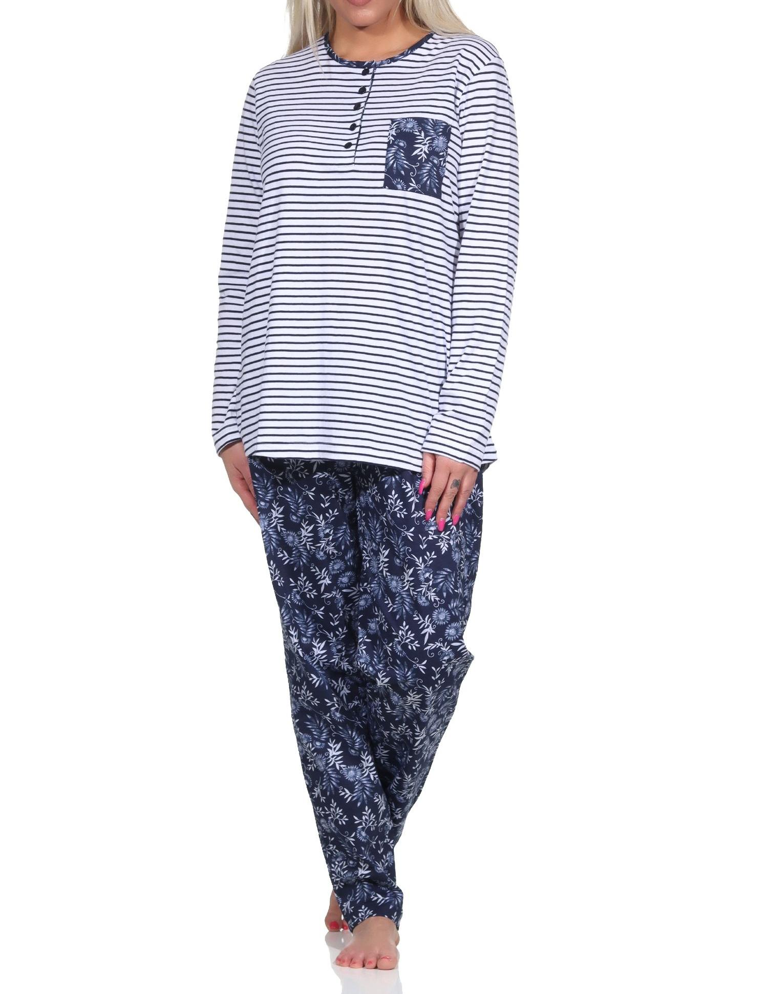 Normann Damen Schlafanzug Pyjama lang, Oberteil gestreift, Hose Blümchenmuster - 122 881