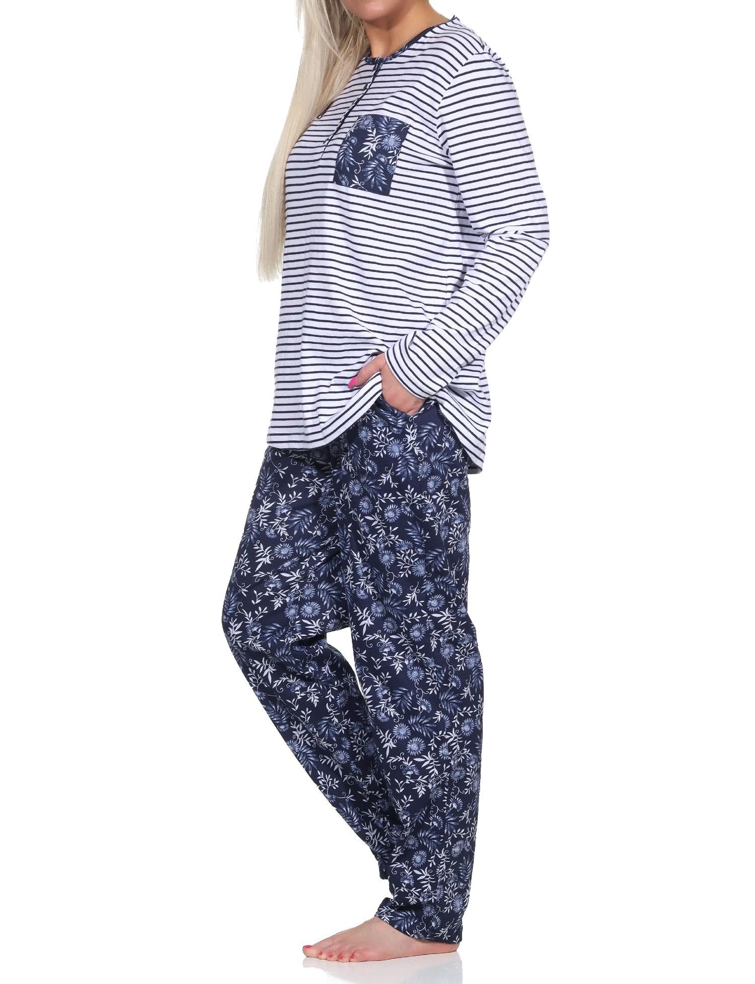 Normann Damen Schlafanzug Pyjama lang, Oberteil gestreift, Hose Blümchenmuster - 122 881