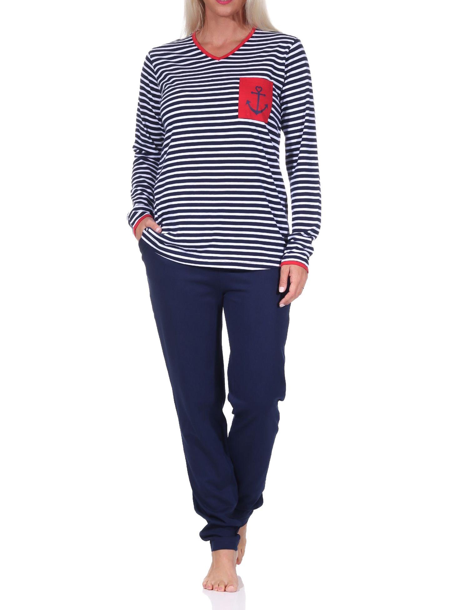 Damen Schlafanzug in maritimer Streifenoptik und Anker als Motiv -  auch in Übergrössen