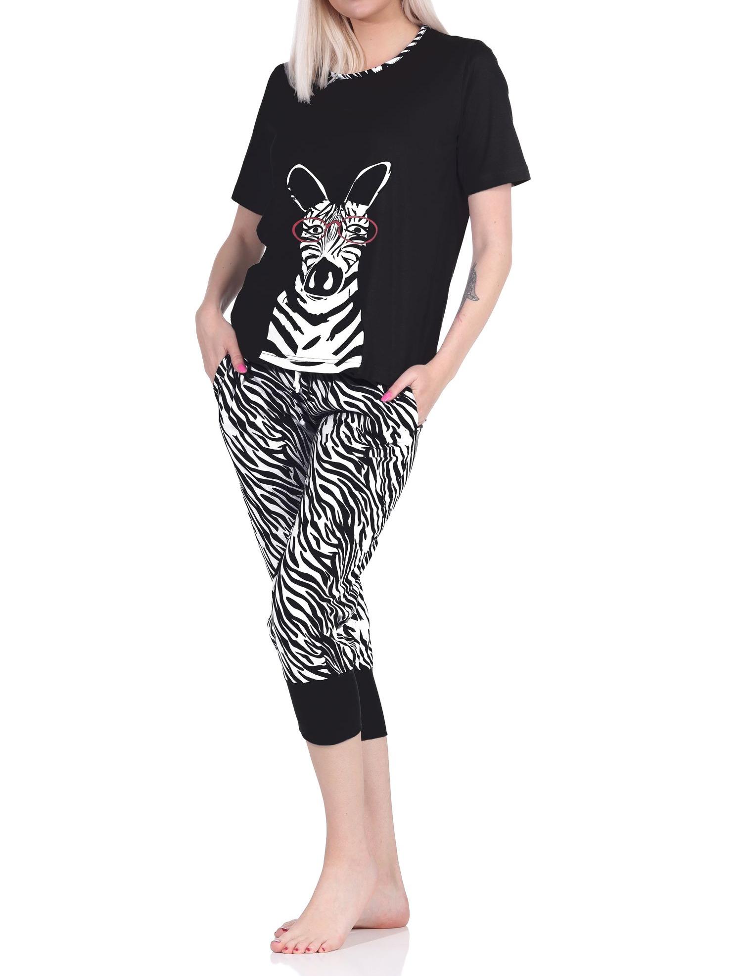 Süsser Damen Capri Pyjama kurzarm Schlafanzug mit Tiermotiv - auch in Übergrössen