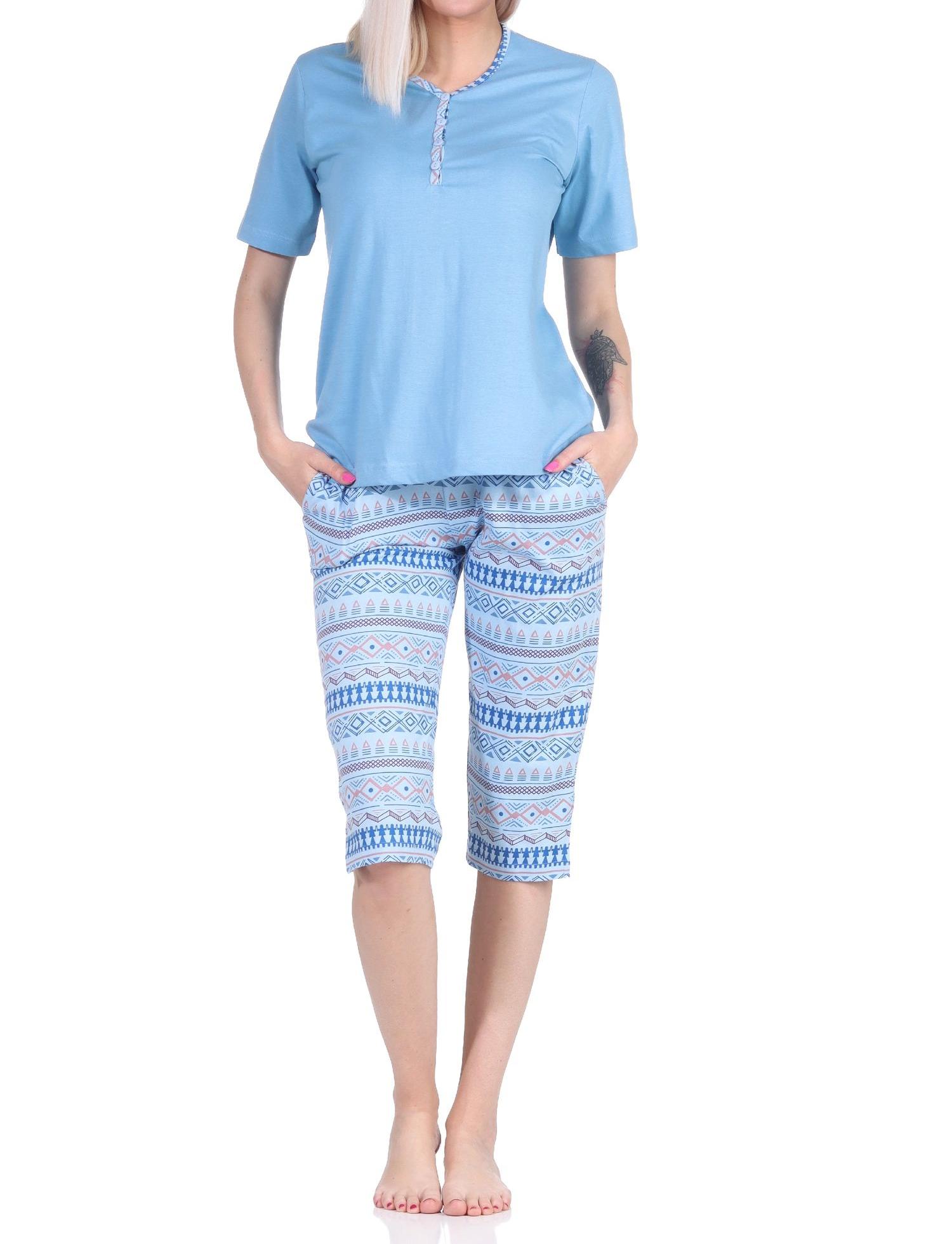 Damen kurzarm Schlafanzug mit Caprihose im Ethnolook - auch in Übergrössen - 122 204 226