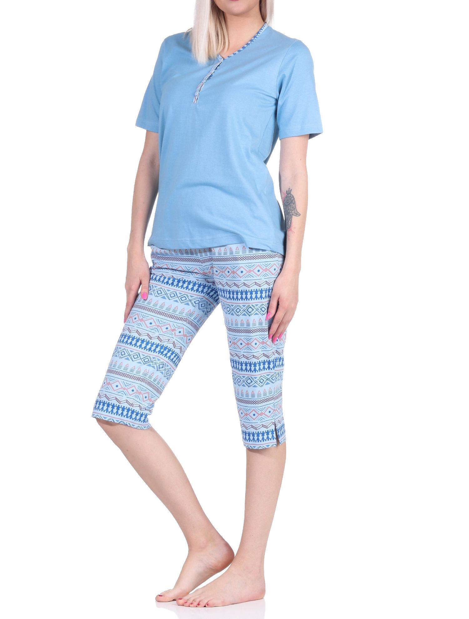 Damen kurzarm Schlafanzug mit Caprihose im Ethnolook - auch in Übergrössen - 122 204 226