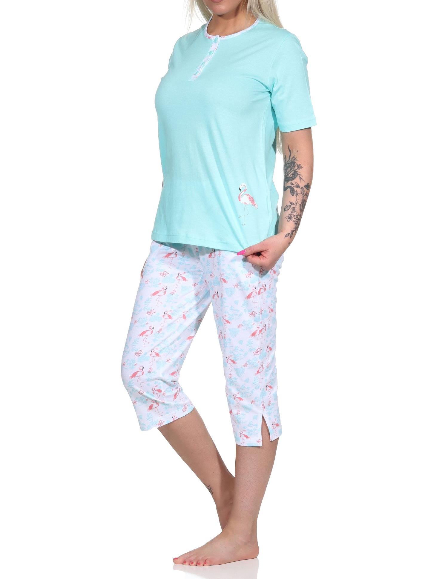 Damen Capri kurzarm Schlafanzug Pyjama mit Flamingo Motiv und Knopfleiste 