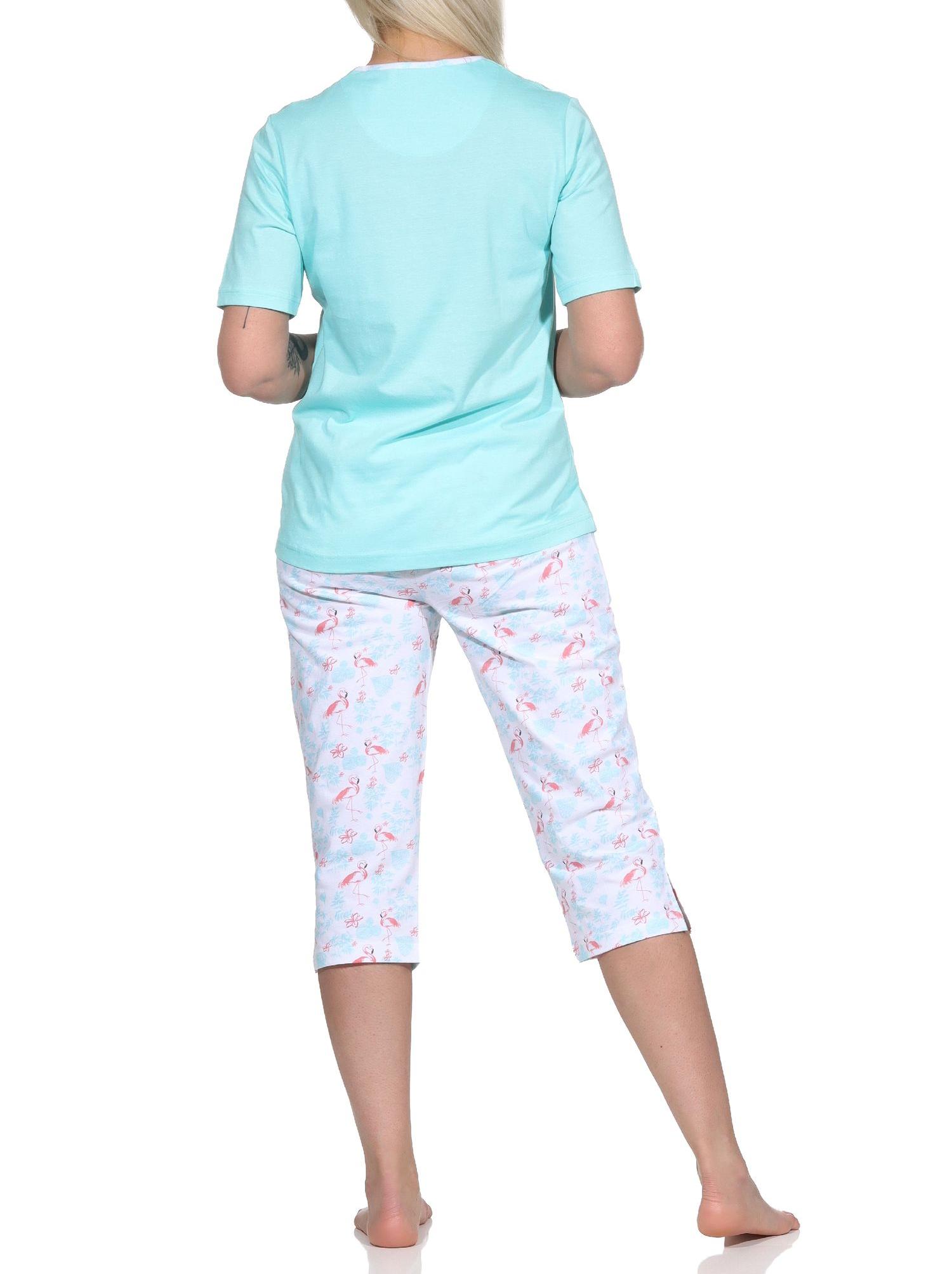 Damen Capri kurzarm Schlafanzug Pyjama mit Flamingo Motiv und Knopfleiste 
