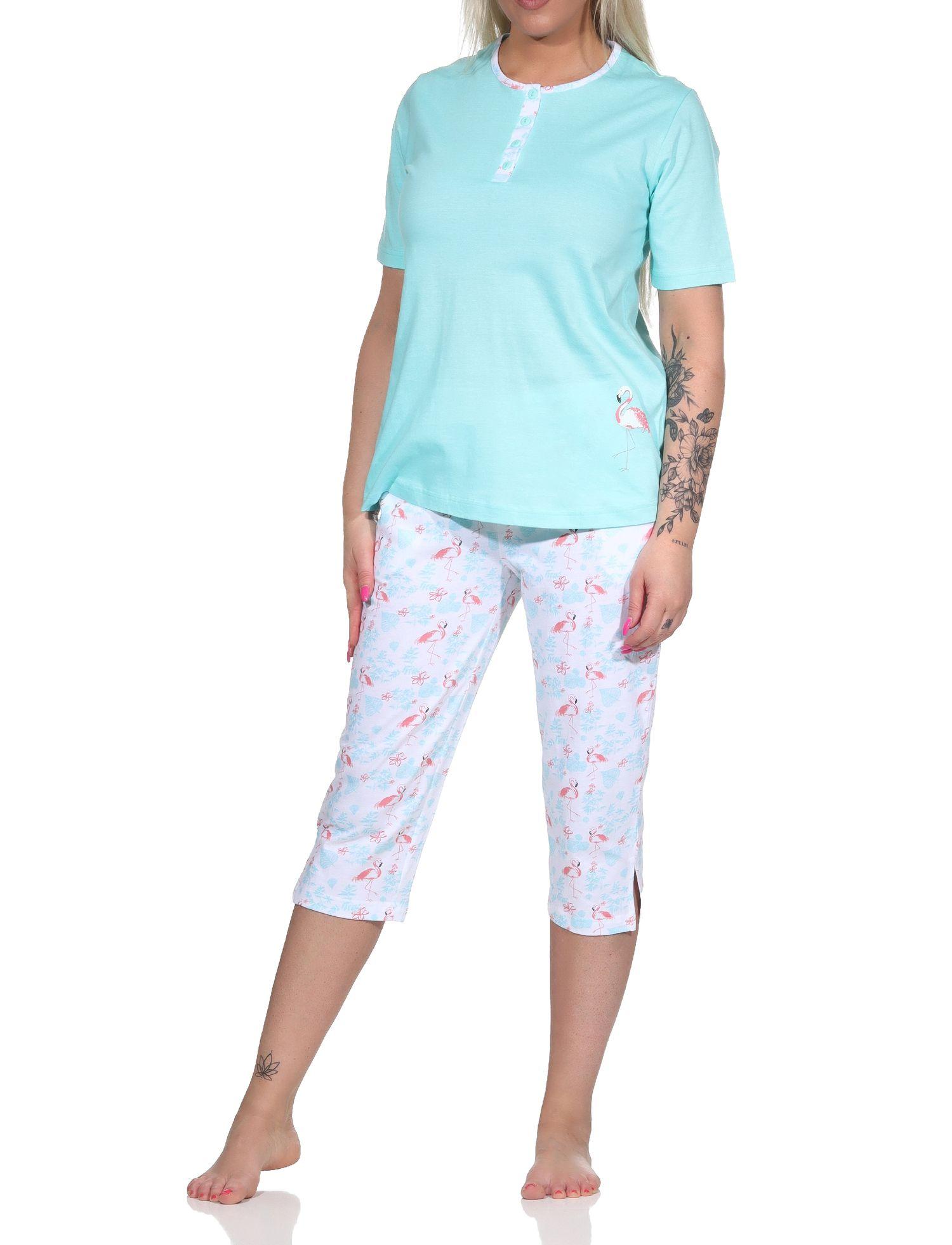 Damen Capri kurzarm Schlafanzug Pyjama mit Flamingo Motiv und Knopfleiste 