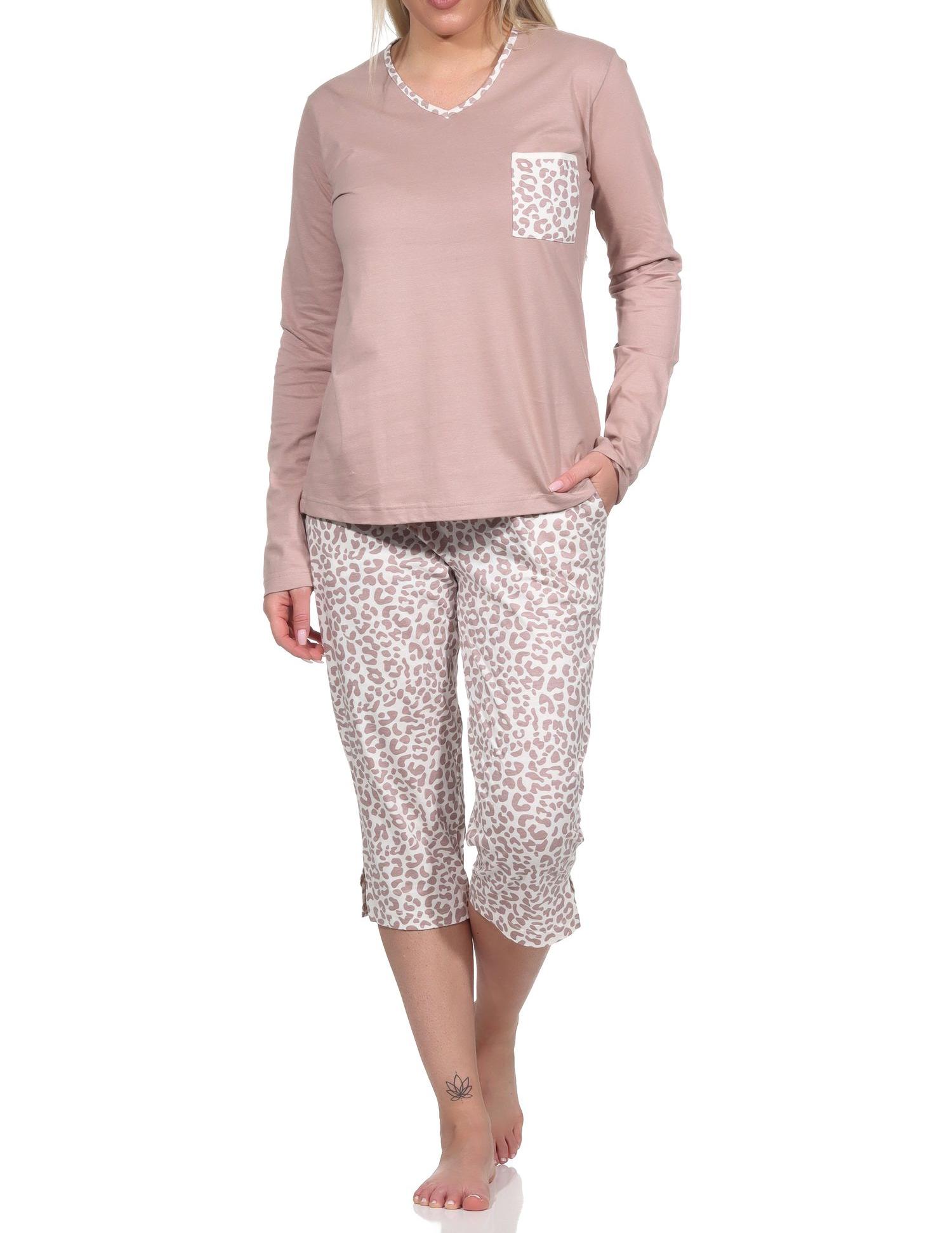 Lässiger Damen Pyjama kurzarm Schlafanzug mit Caprihose in Leo-Print Optik