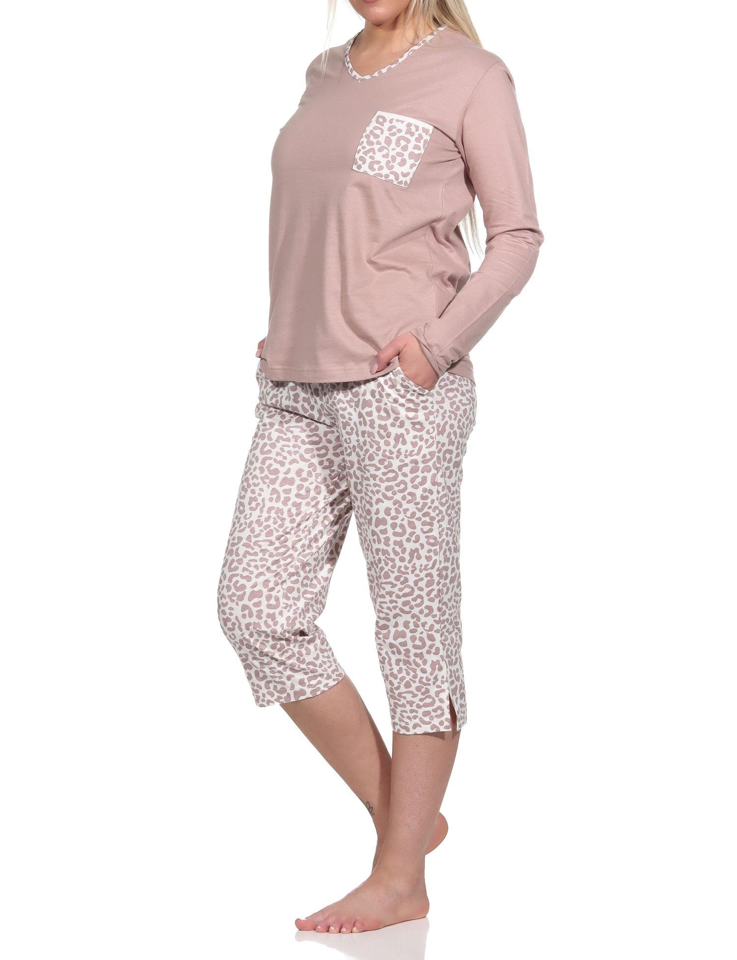 Lässiger Damen Pyjama kurzarm Schlafanzug mit Caprihose in Leo-Print Optik