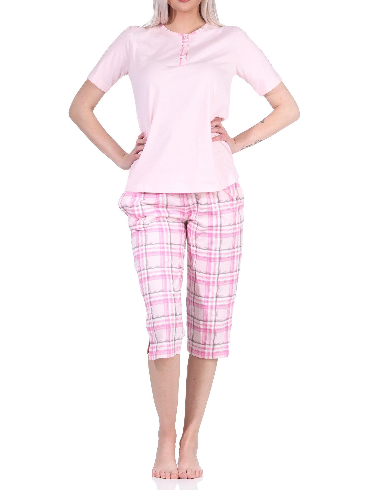Edler Damen kurzarm Schlafanzug mit karierter Capri-Hose aus Jersey - auch in Übergrössen