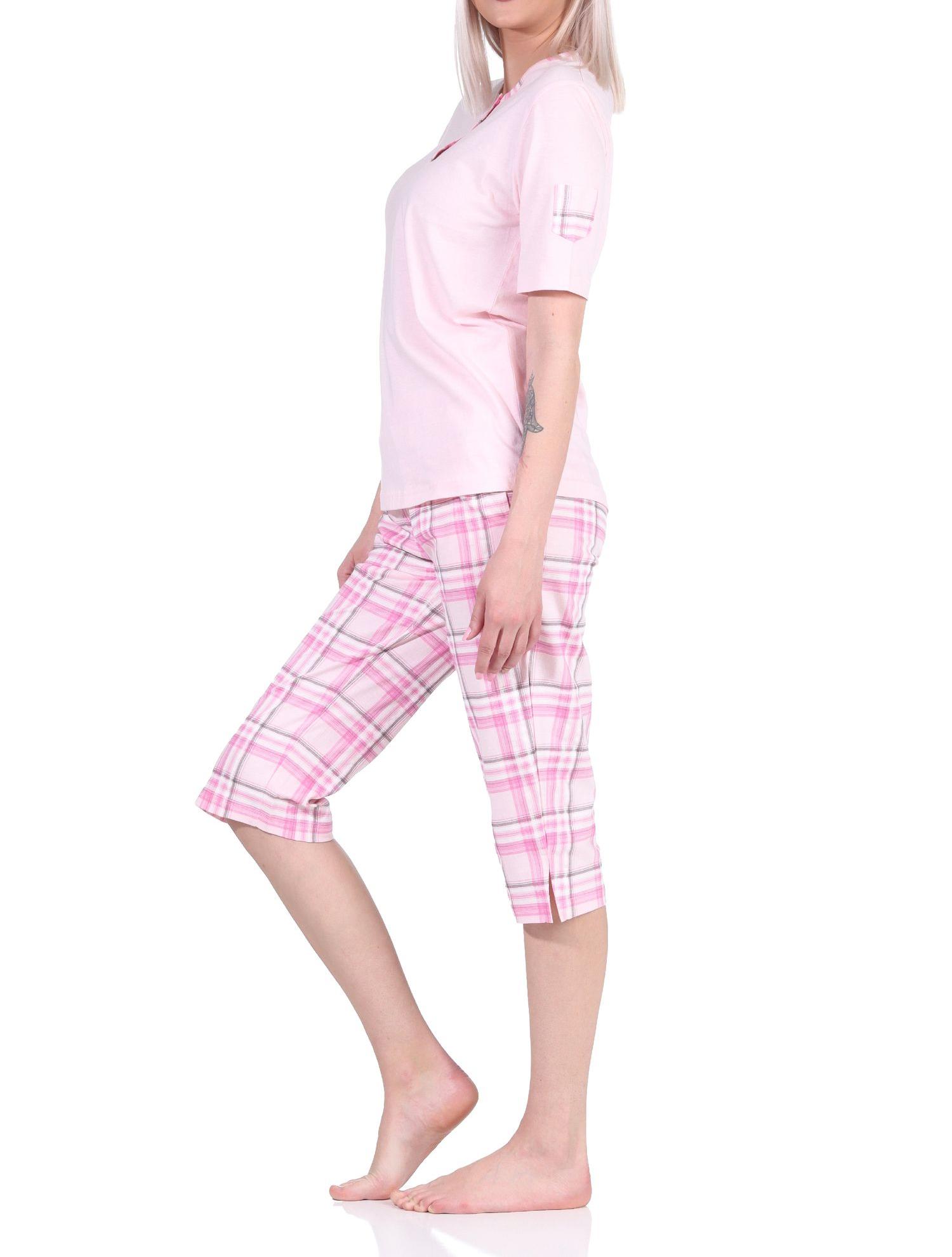 Edler Damen kurzarm Schlafanzug mit karierter Capri-Hose aus Jersey - auch in Übergrössen