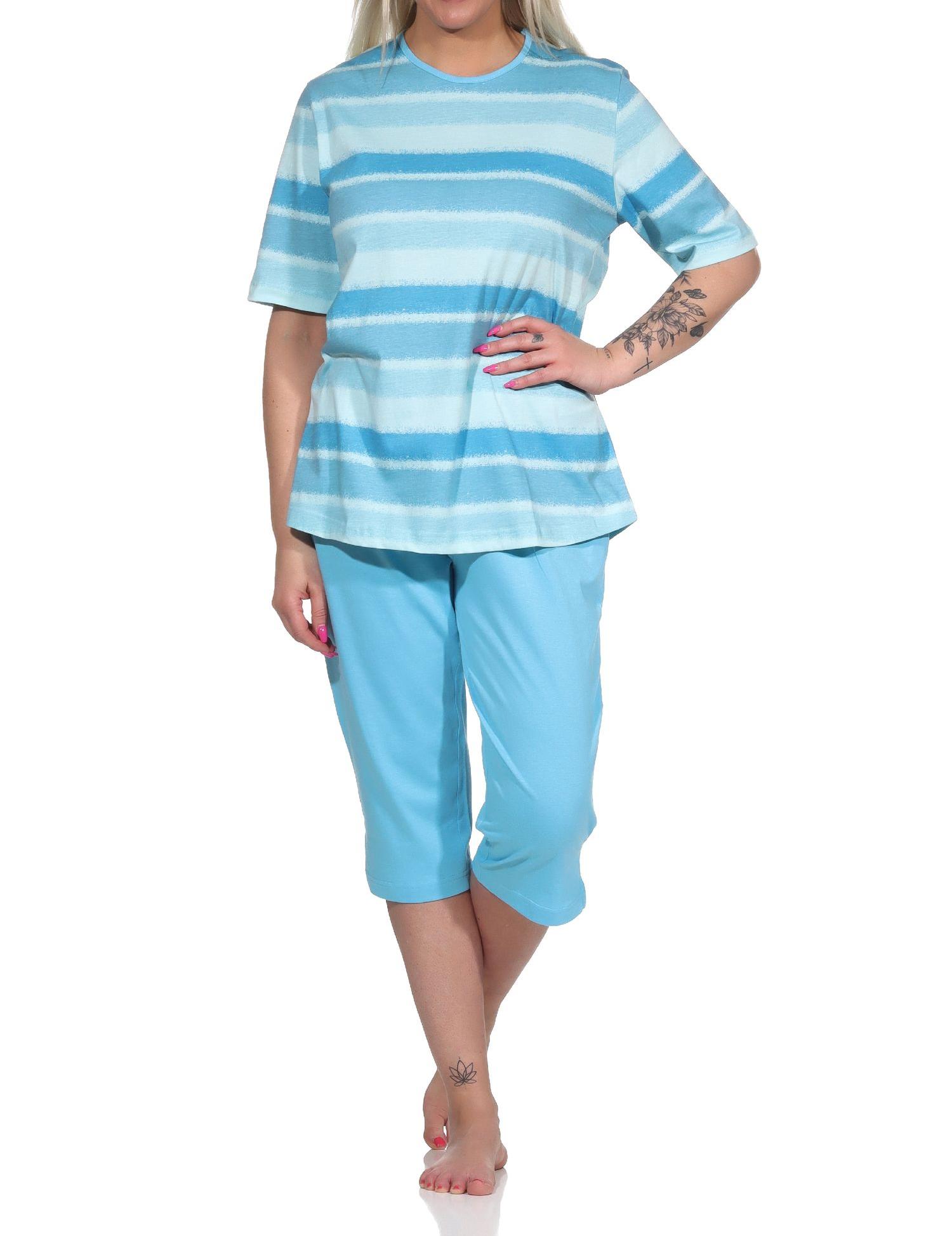 Damen Capri Schlafanzug kurzarm Pyjama im farbenfrohen Streifen Look - 122 204 90 464