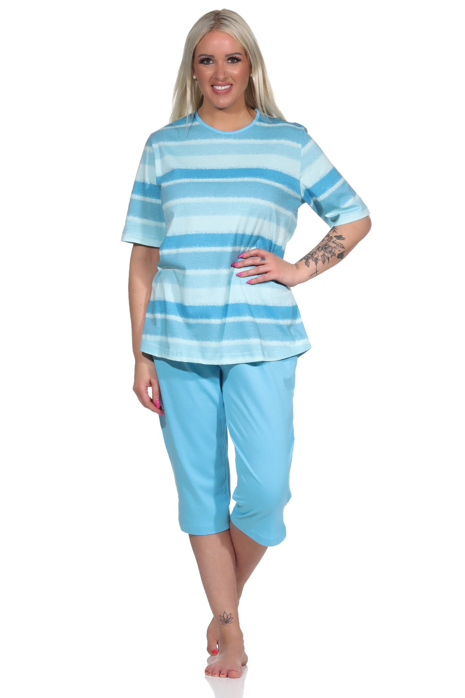 Damen Capri Schlafanzug kurzarm Pyjama im farbenfrohen Streifen Look - 122 204 90 464