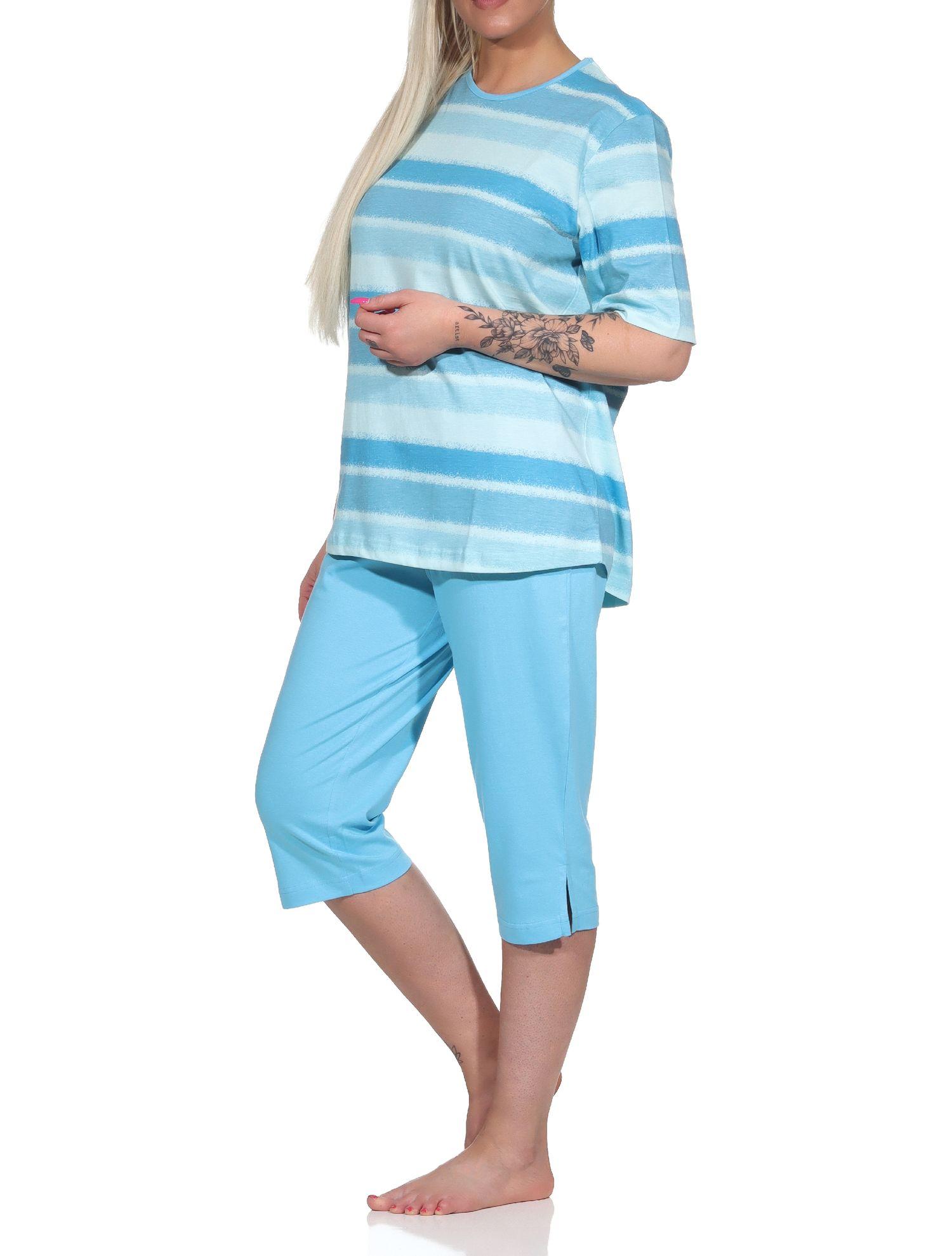 Damen Capri Schlafanzug kurzarm Pyjama im farbenfrohen Streifen Look - 122 204 90 464