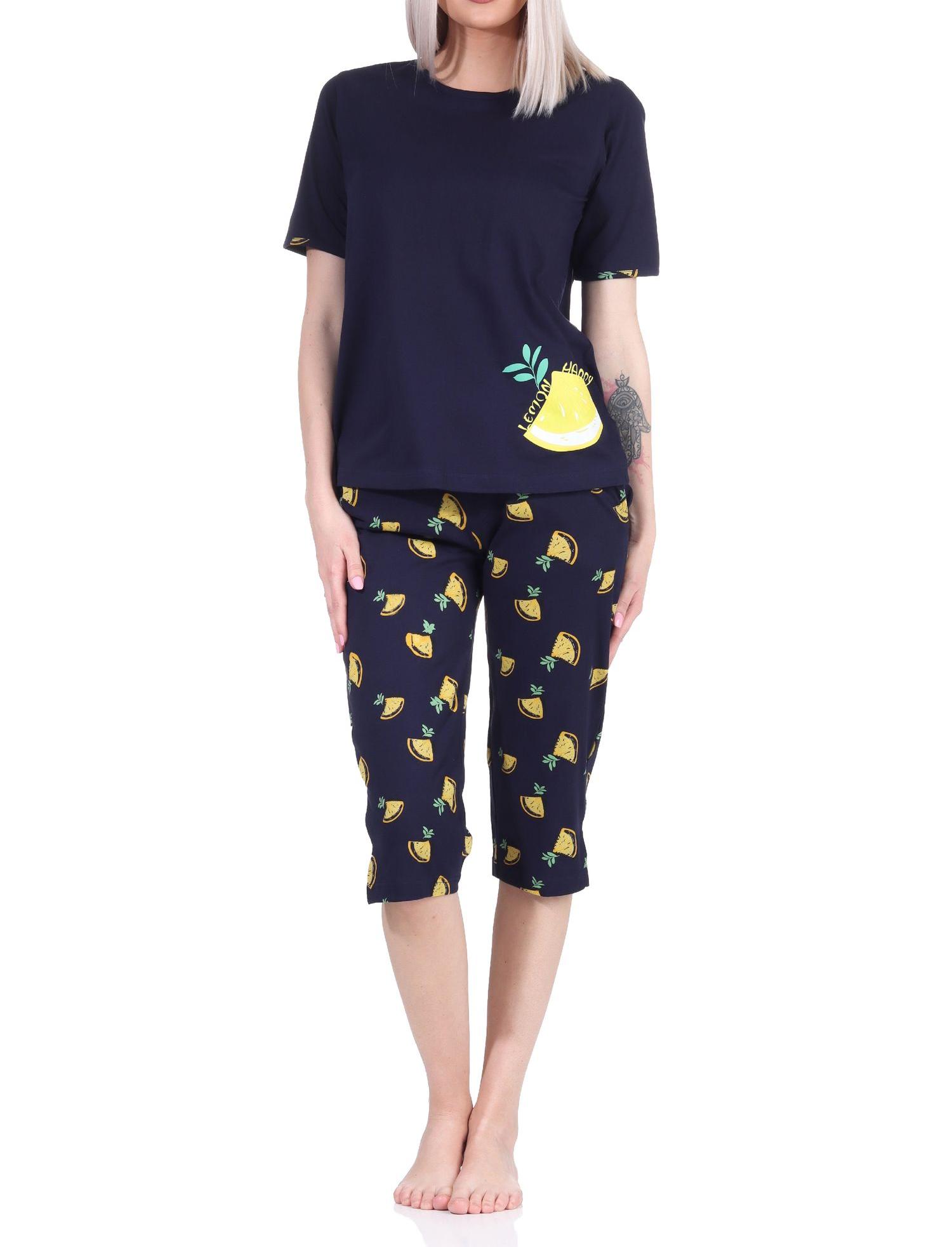 Süsser Damen kurzarm Capri Schlafanzug Pyjama mit Zitronen als Motiv - 112 204 90 535