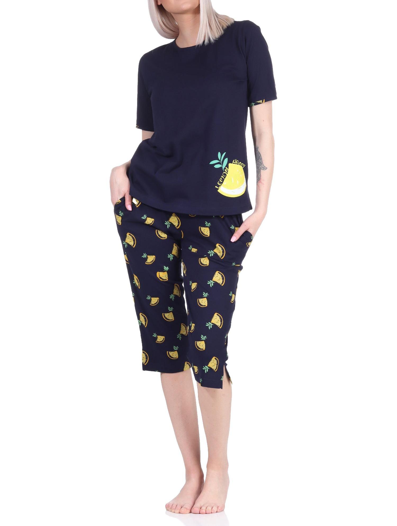 Süsser Damen kurzarm Capri Schlafanzug Pyjama mit Zitronen als Motiv - 112 204 90 535