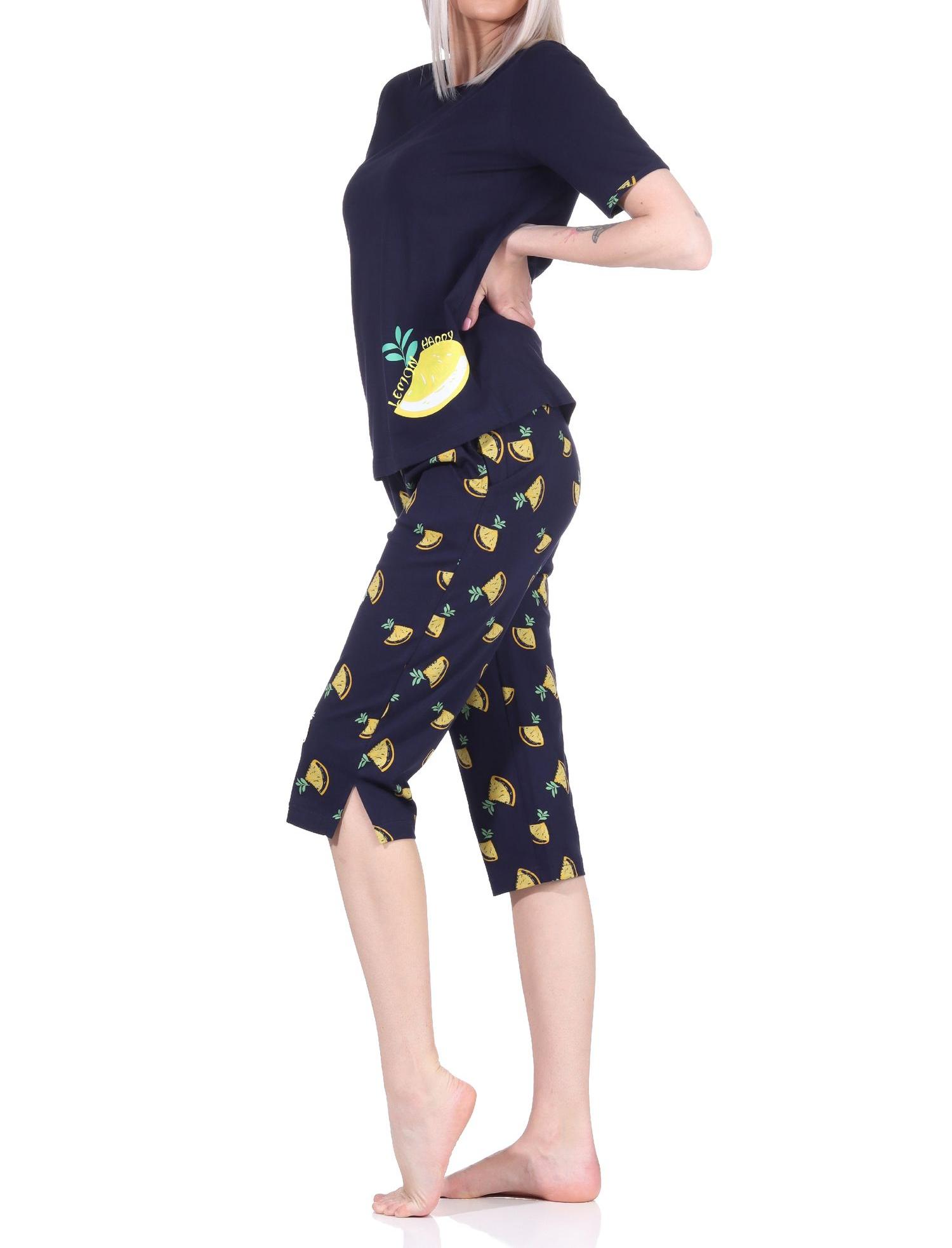 Süsser Damen kurzarm Capri Schlafanzug Pyjama mit Zitronen als Motiv - 112 204 90 535