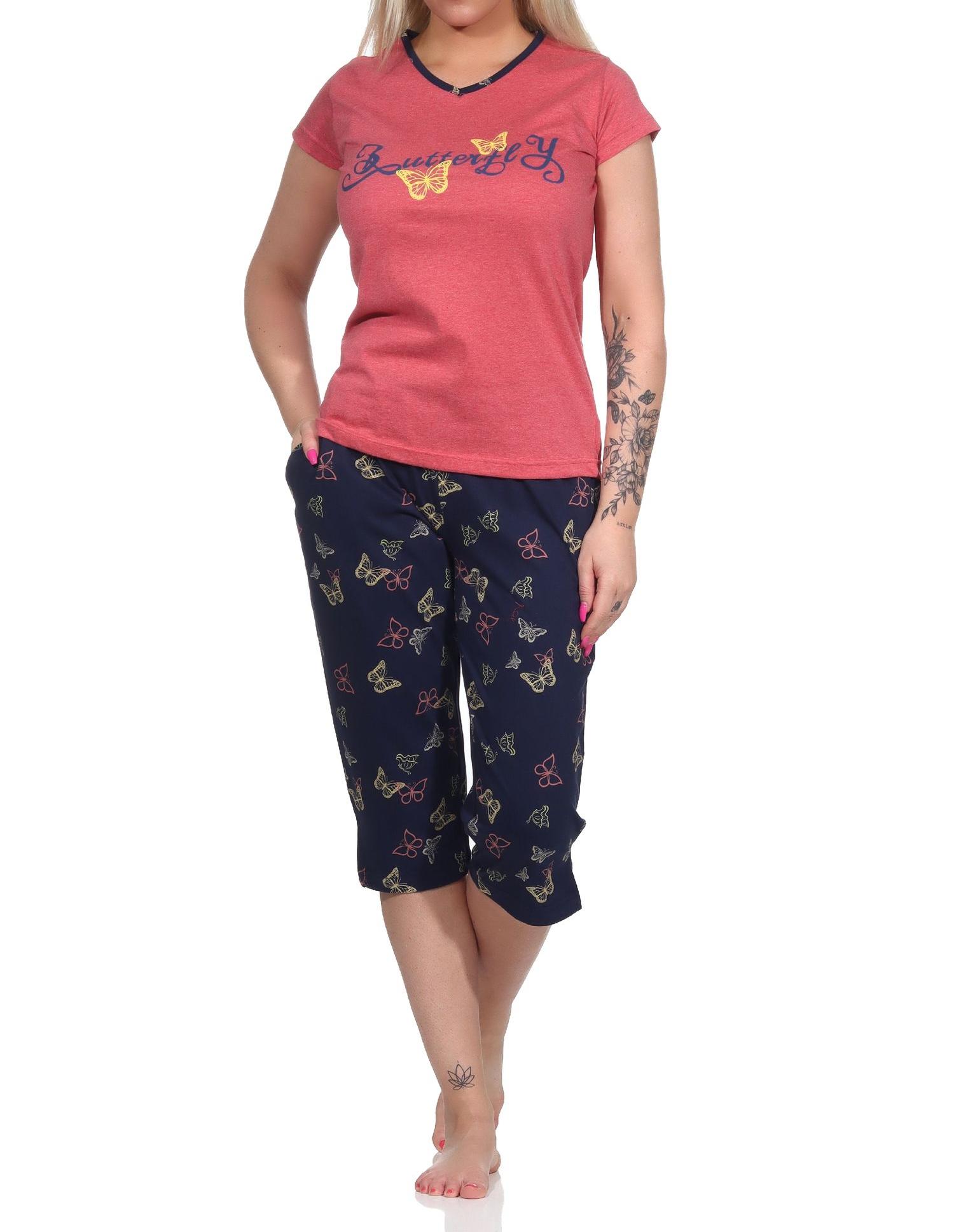 Damen kurzarm Capri Schlafanzug Pyjama mit Schmetterling als Motiv - auch in Übergrössen