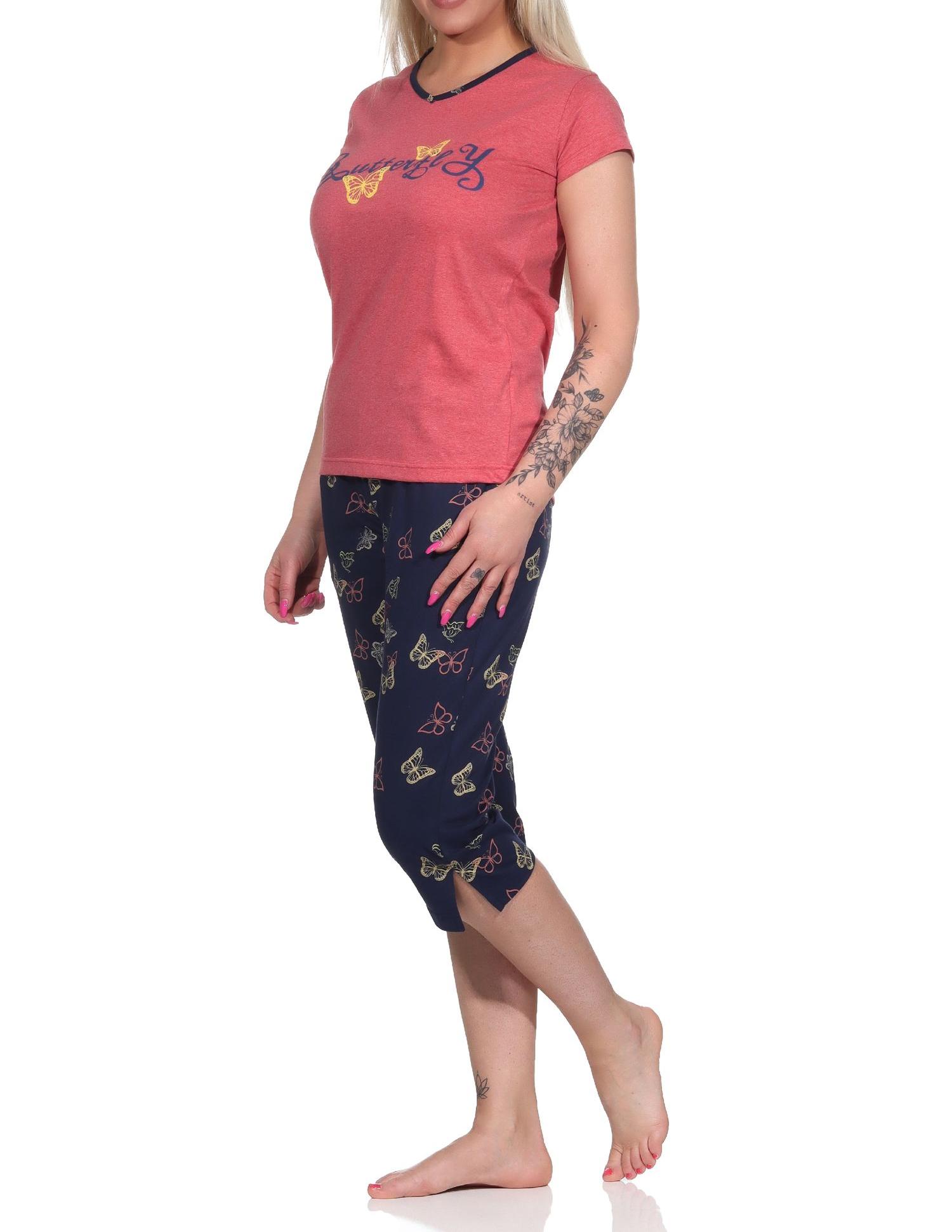 Damen kurzarm Capri Schlafanzug Pyjama mit Schmetterling als Motiv - auch in Übergrössen