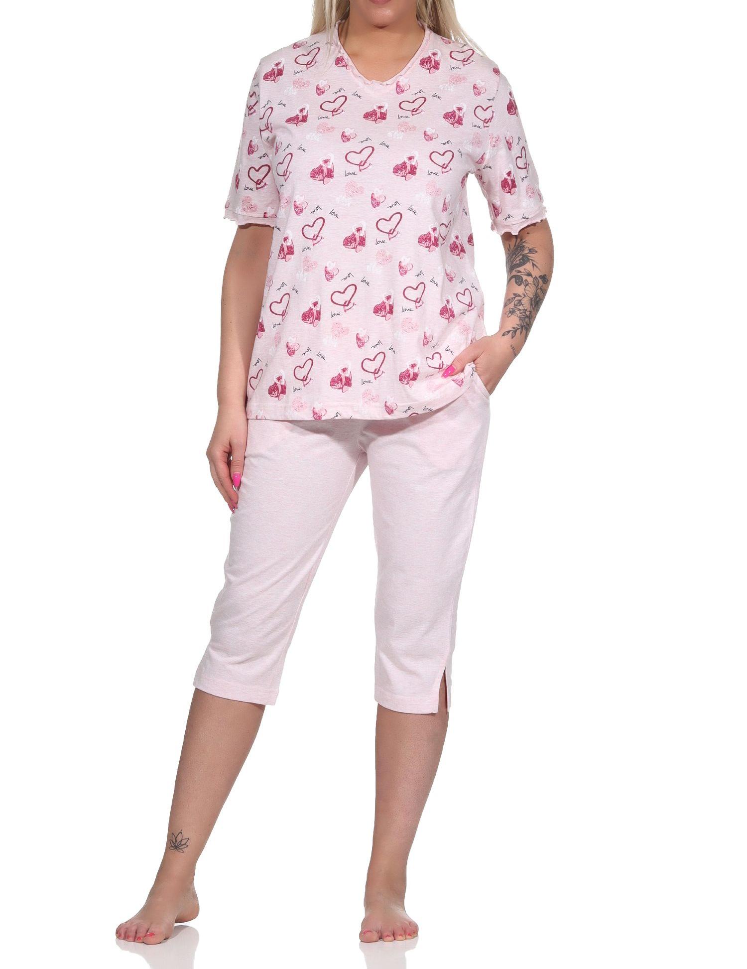 Damen kurzarm Capri Schlafanzug in Herz Motiv Optik - auch in Übergrössen - 122 204 815