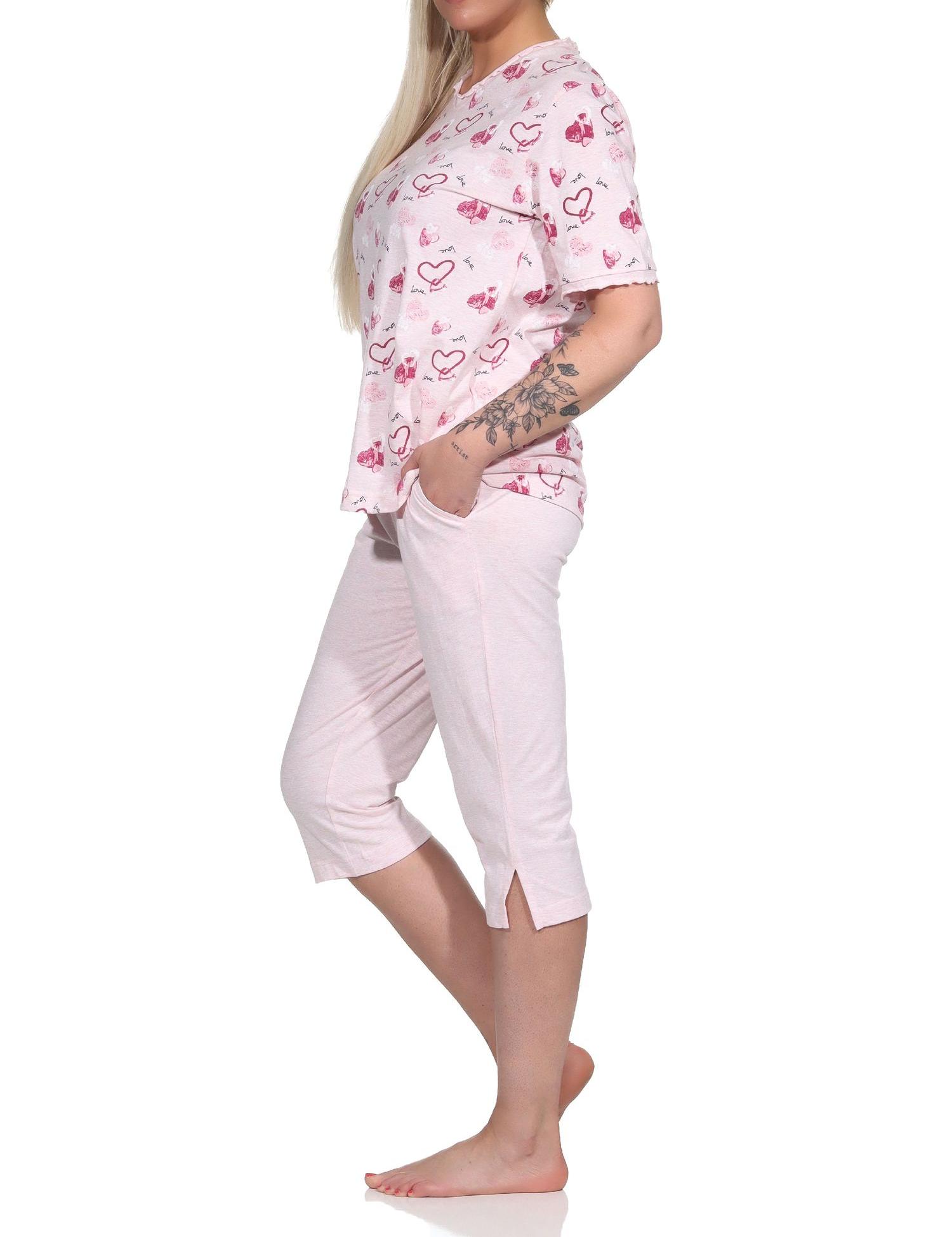Damen kurzarm Capri Schlafanzug in Herz Motiv Optik - auch in Übergrössen - 122 204 815
