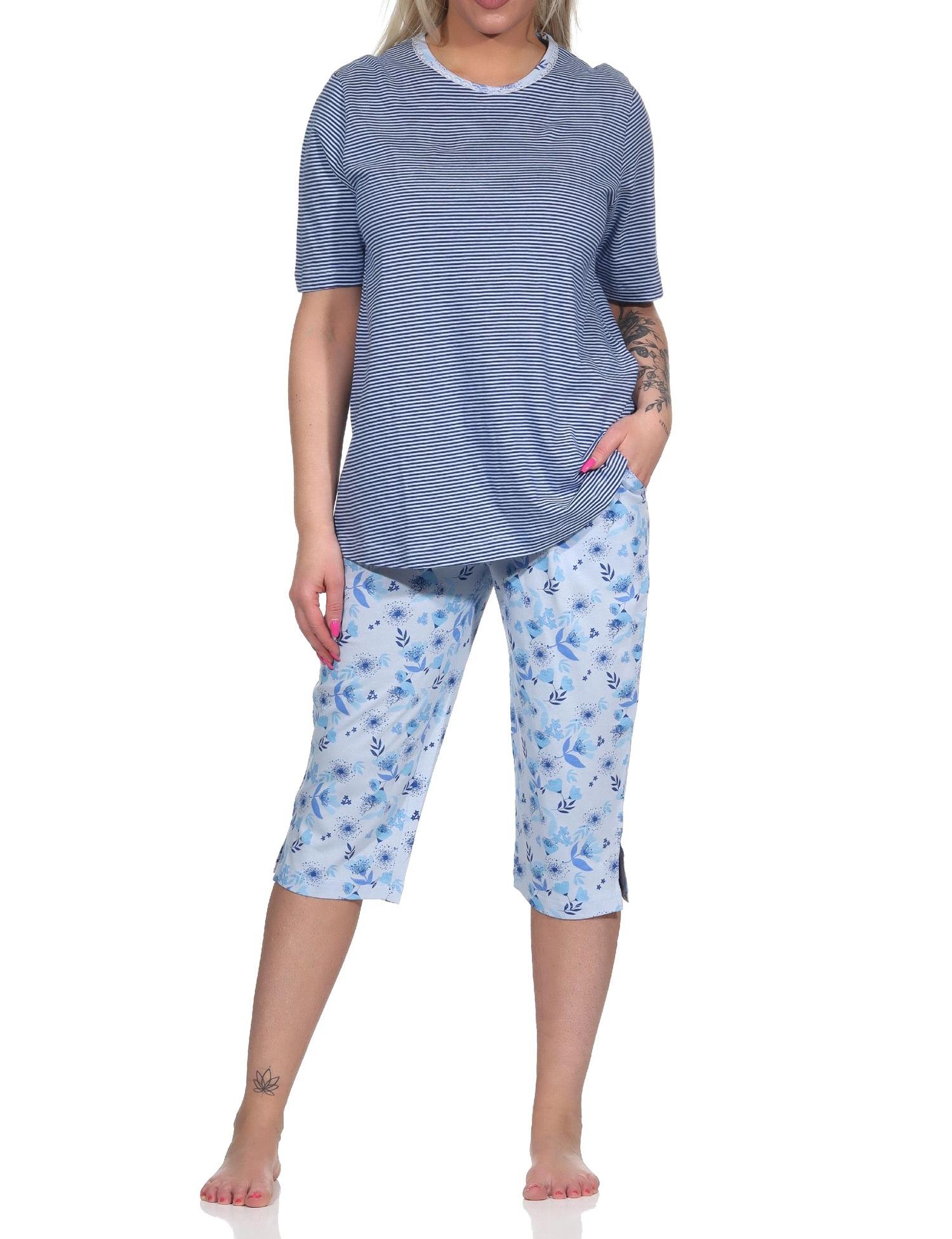 Eleganter Damen Pyjama Schlafanzug kurzarm mit Capri-Hose und Spitze - auch in Übergrössen