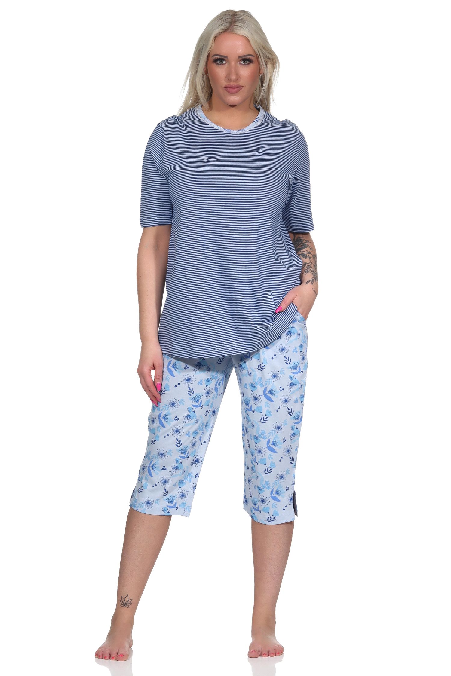 Eleganter Damen Pyjama Schlafanzug kurzarm mit Capri-Hose und Spitze - auch in Übergrössen