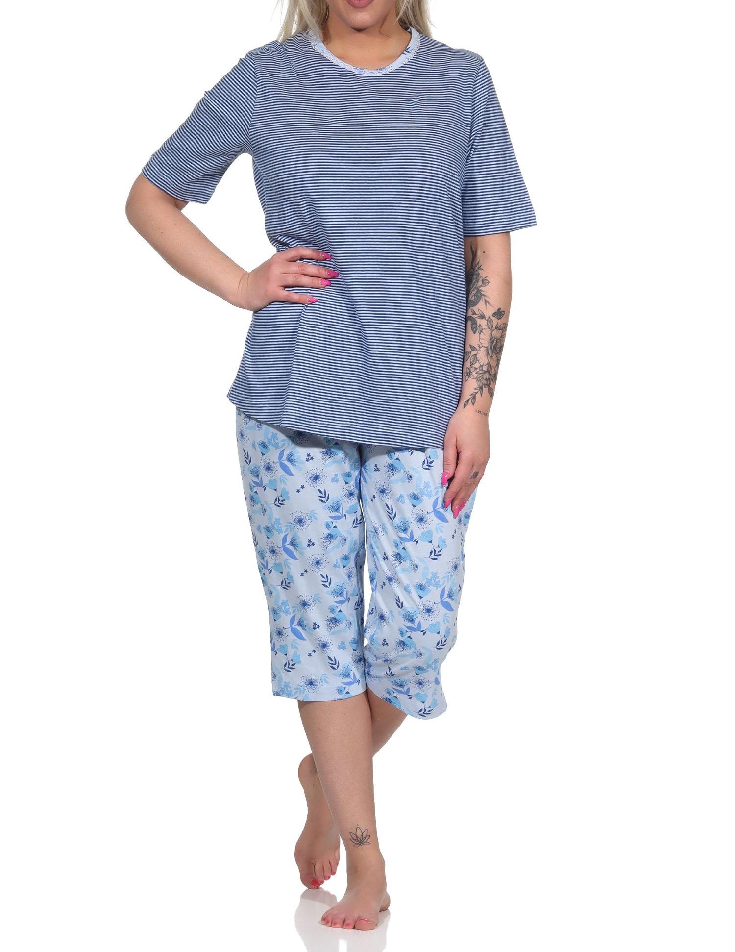 Eleganter Damen Pyjama Schlafanzug kurzarm mit Capri-Hose und Spitze - auch in Übergrössen