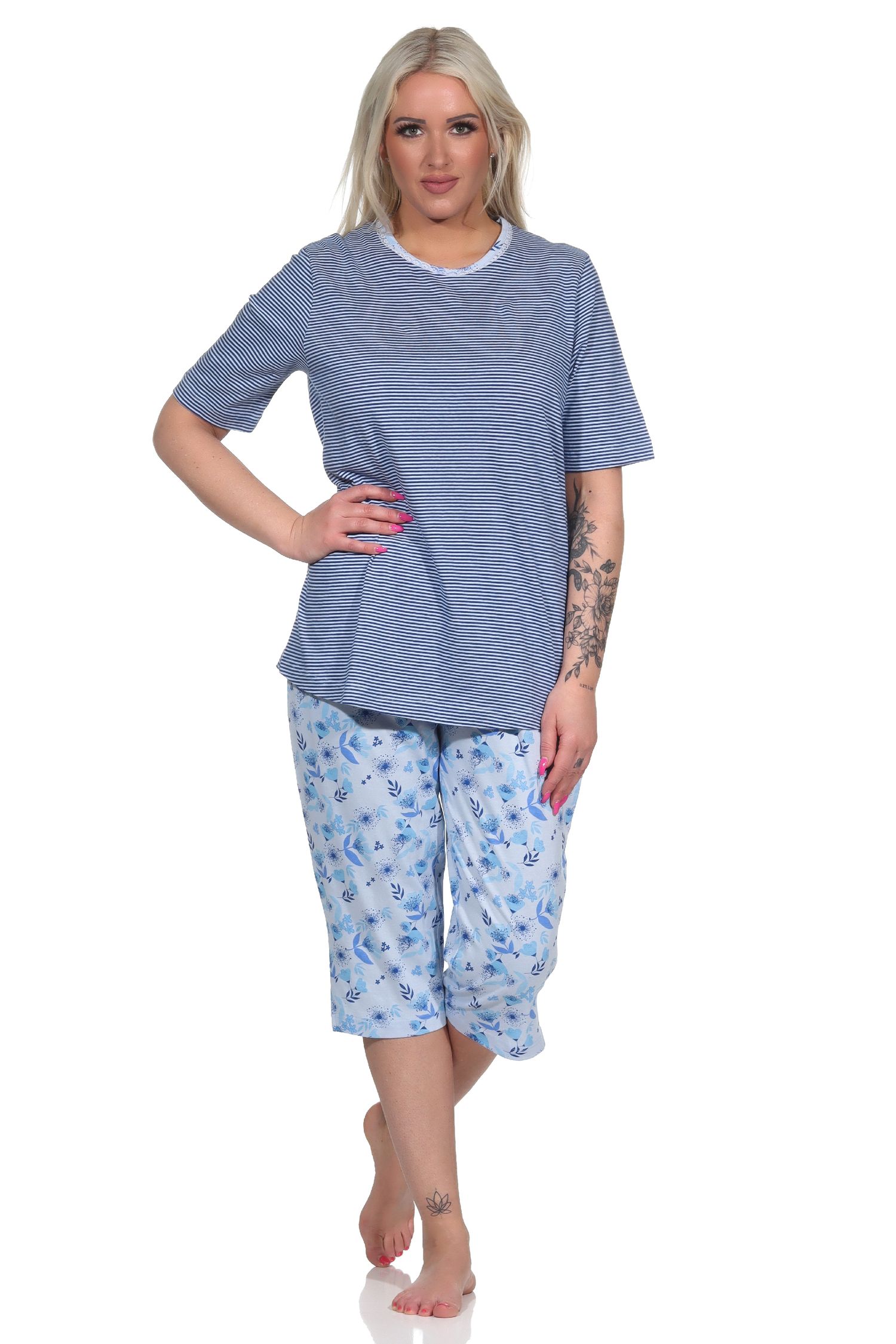 Eleganter Damen Pyjama Schlafanzug kurzarm mit Capri-Hose und Spitze - auch in Übergrössen