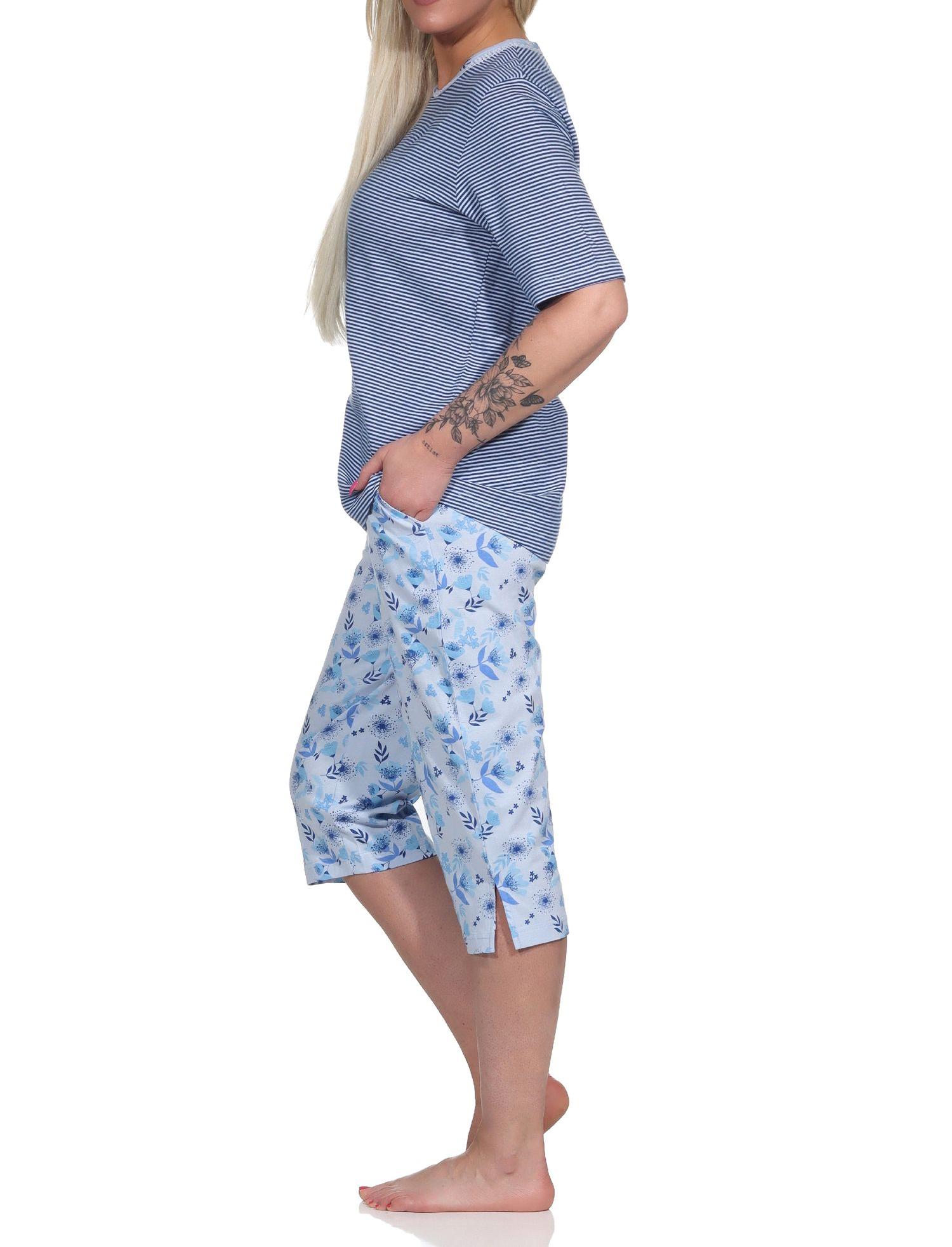 Eleganter Damen Pyjama Schlafanzug kurzarm mit Capri-Hose und Spitze - auch in Übergrössen