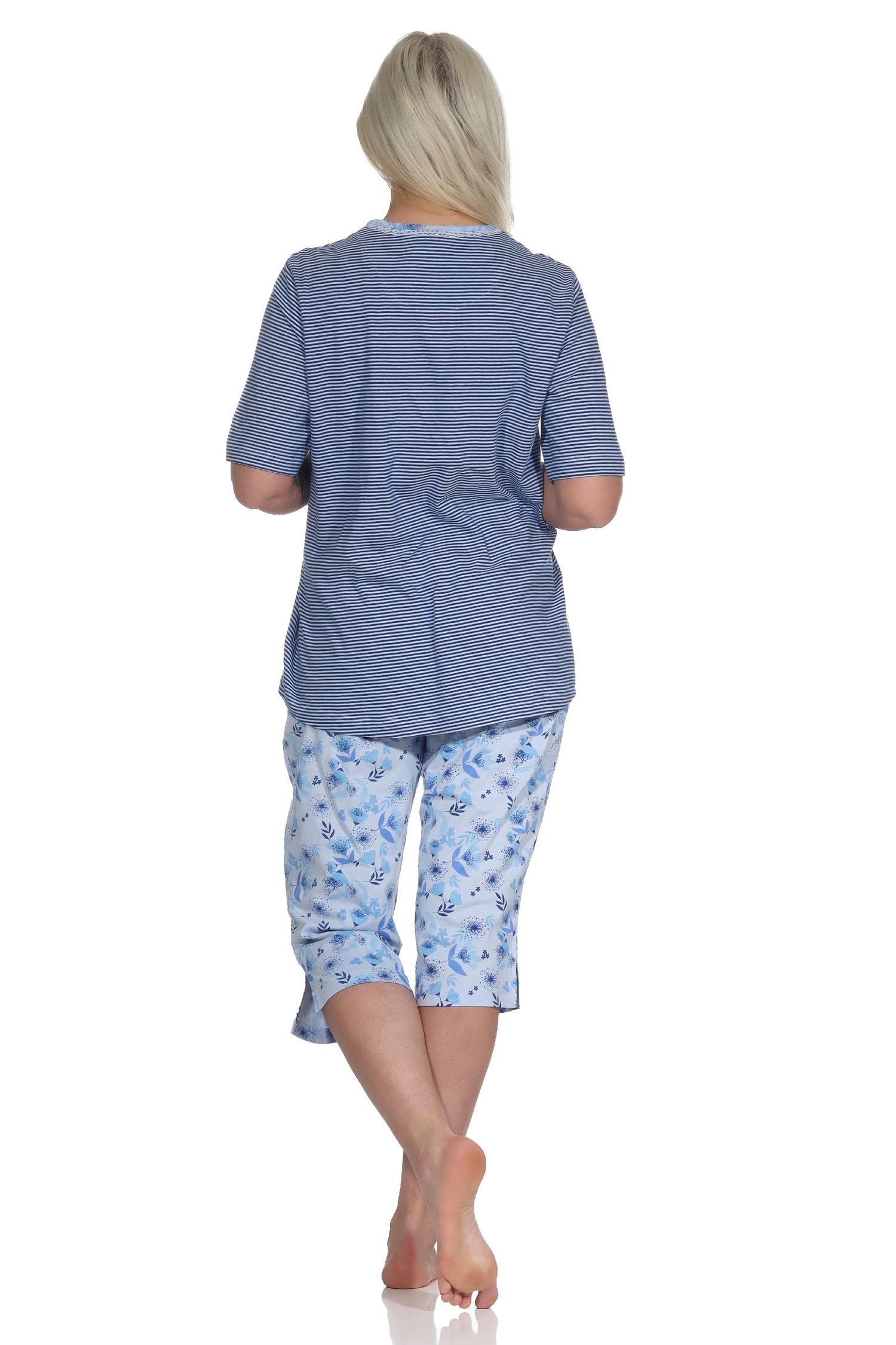 Eleganter Damen Pyjama Schlafanzug kurzarm mit Capri-Hose und Spitze - auch in Übergrössen