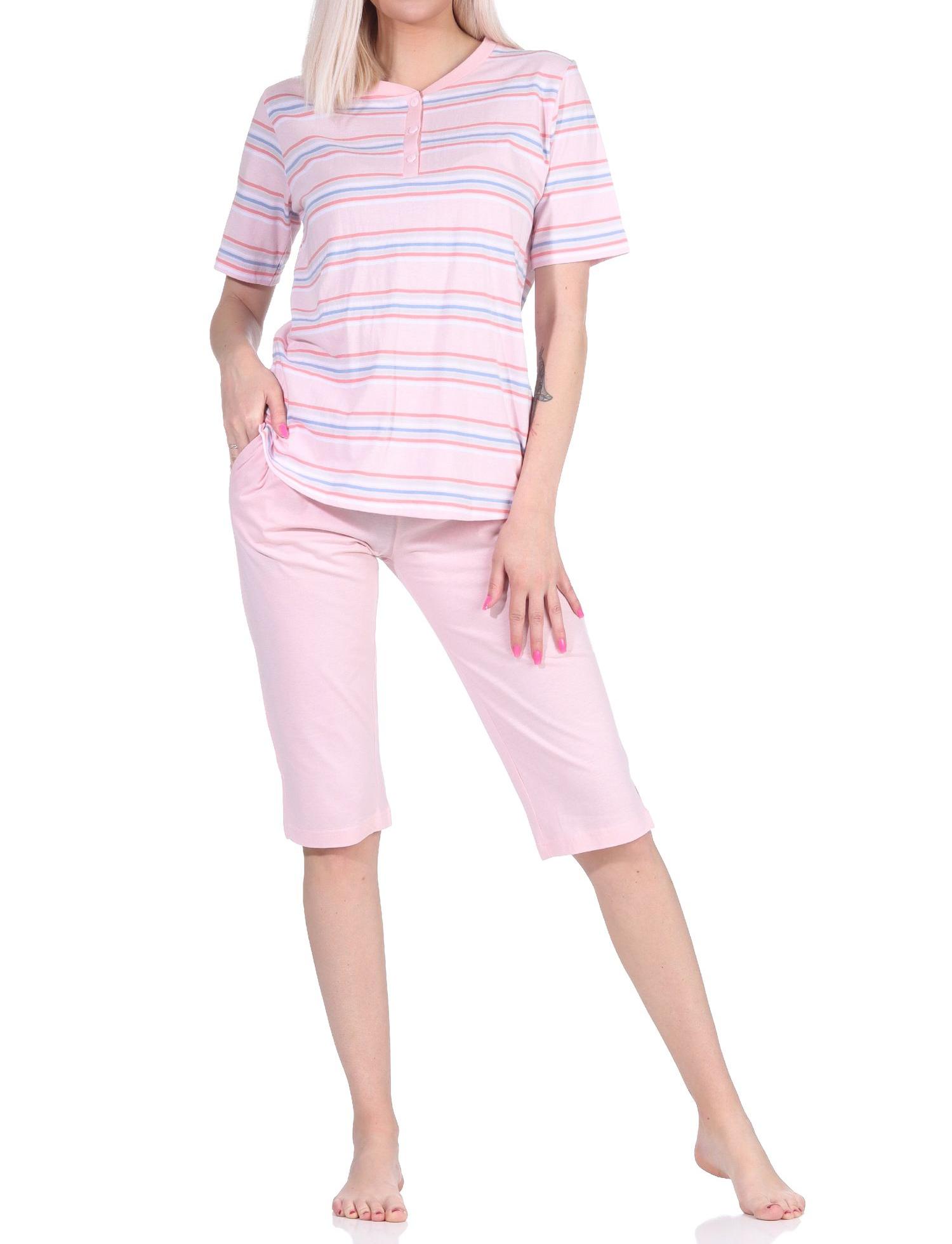 Damen Schlafanzug kurzarm Pyjama mit Caprihose in pastellfarbenen Streifen - 122 204 863