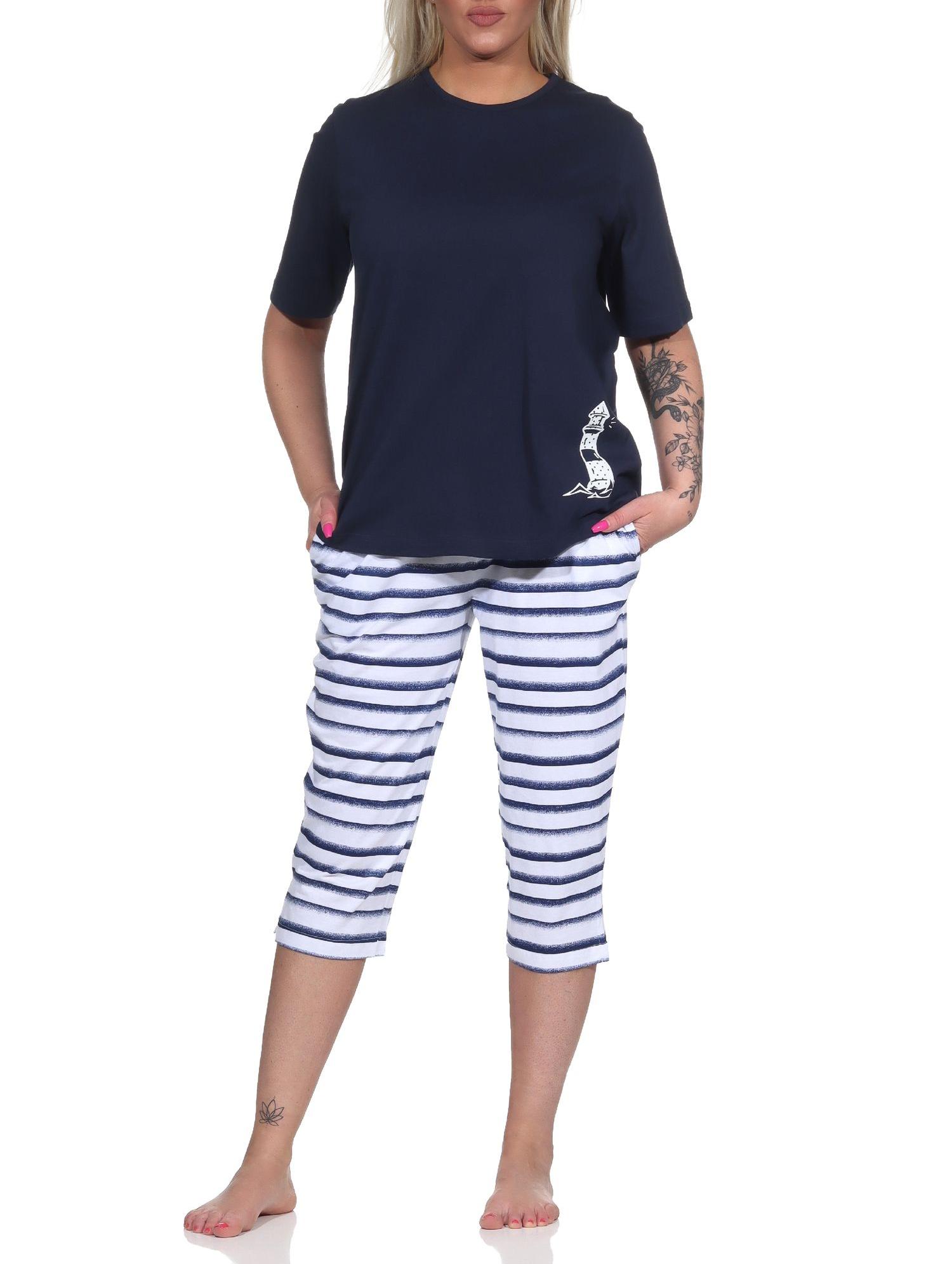 Maritimer Damen kurzarm Capri Schlafanzug , Top mit Leuchtturm Motiv, auch in Übergrössen