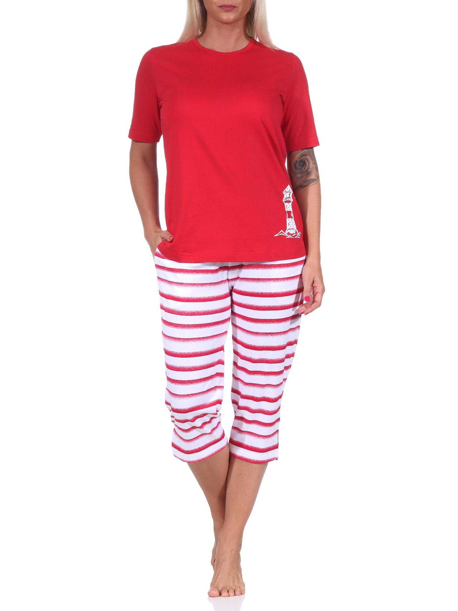 Maritimer Damen kurzarm Capri Schlafanzug , Top mit Leuchtturm Motiv, auch in Übergrössen