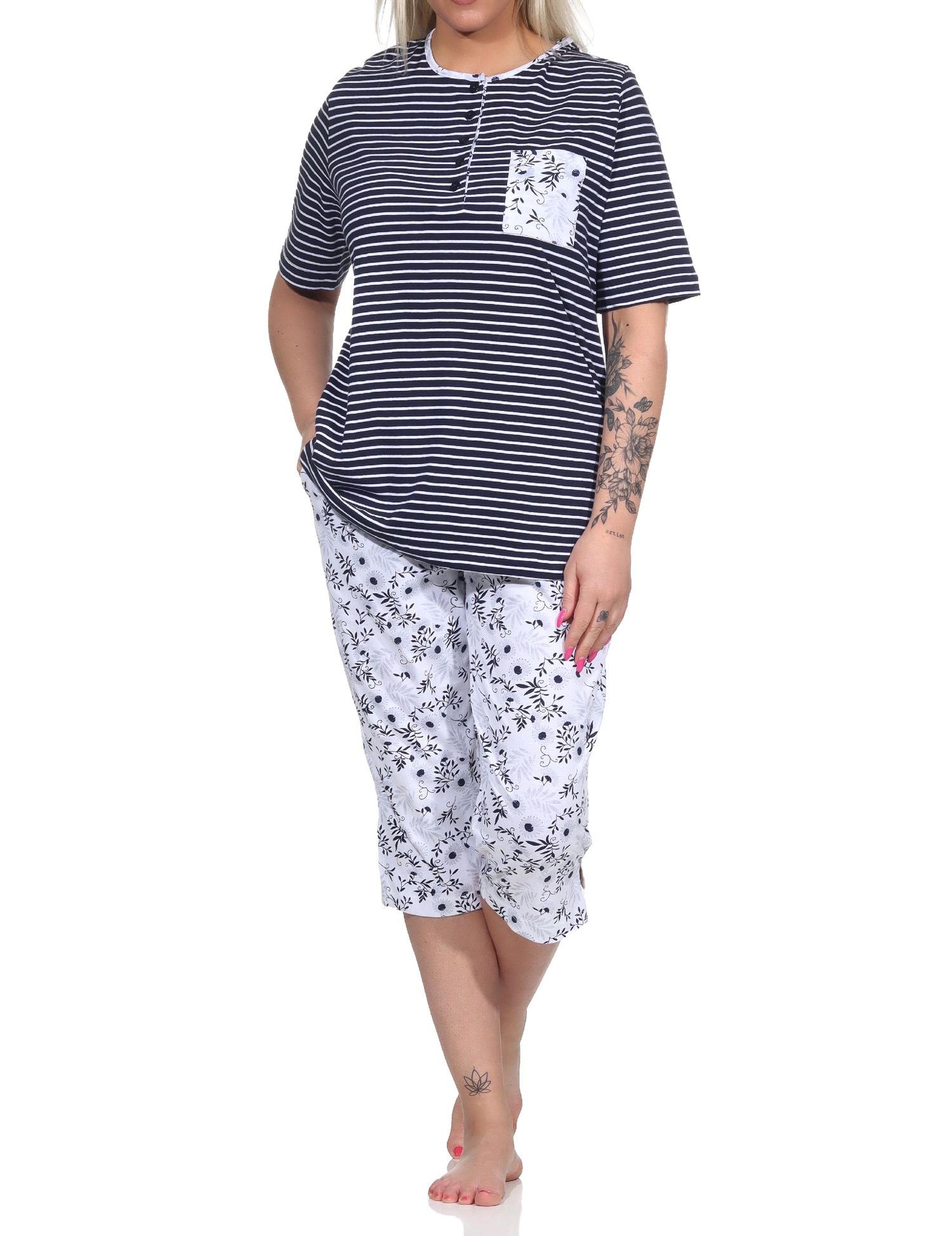 Damen Schlafanzug Pyjama kurzarm, Oberteil gestreift, Capri Hose mit Blümchen