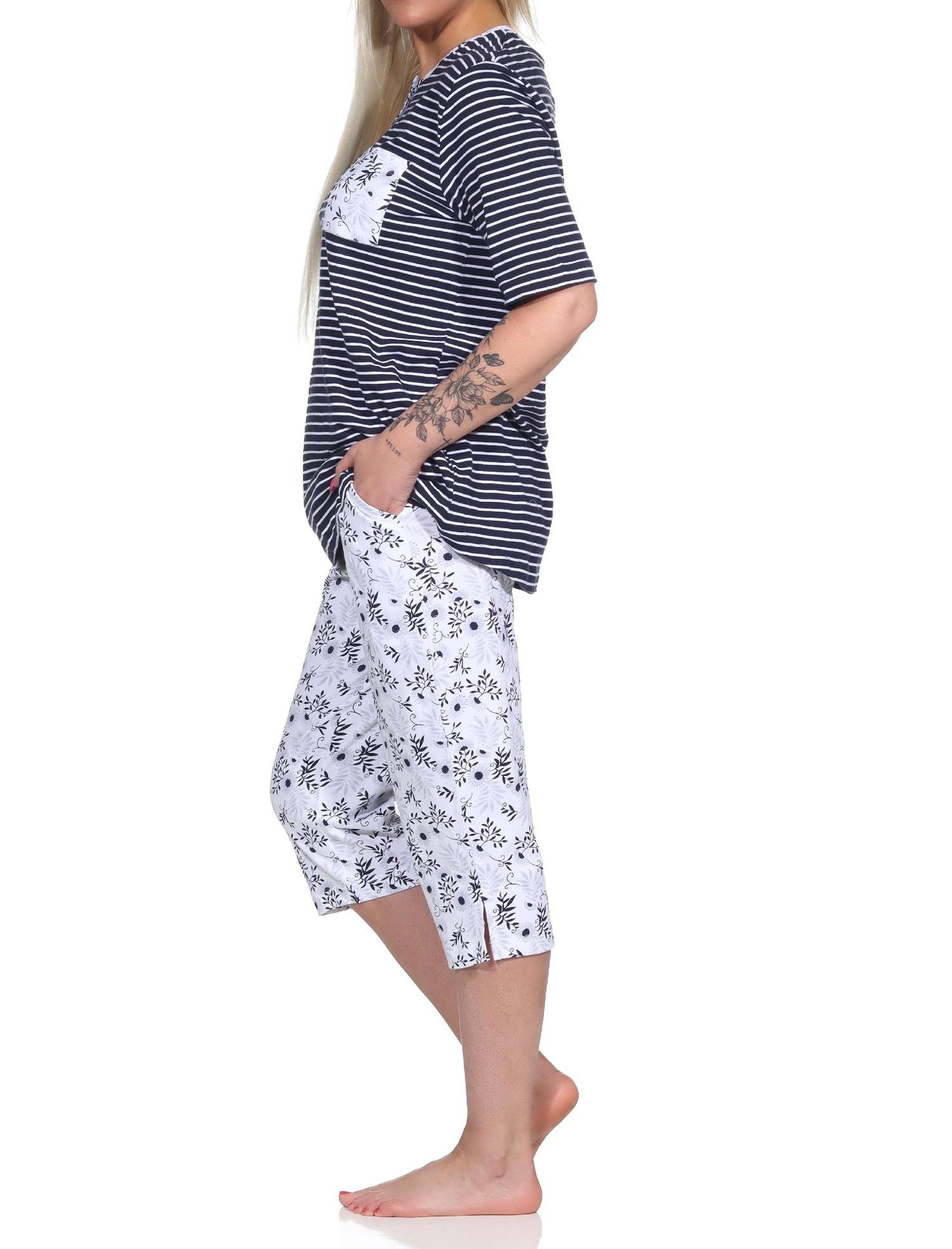Damen Schlafanzug Pyjama kurzarm, Oberteil gestreift, Capri Hose mit Blümchen