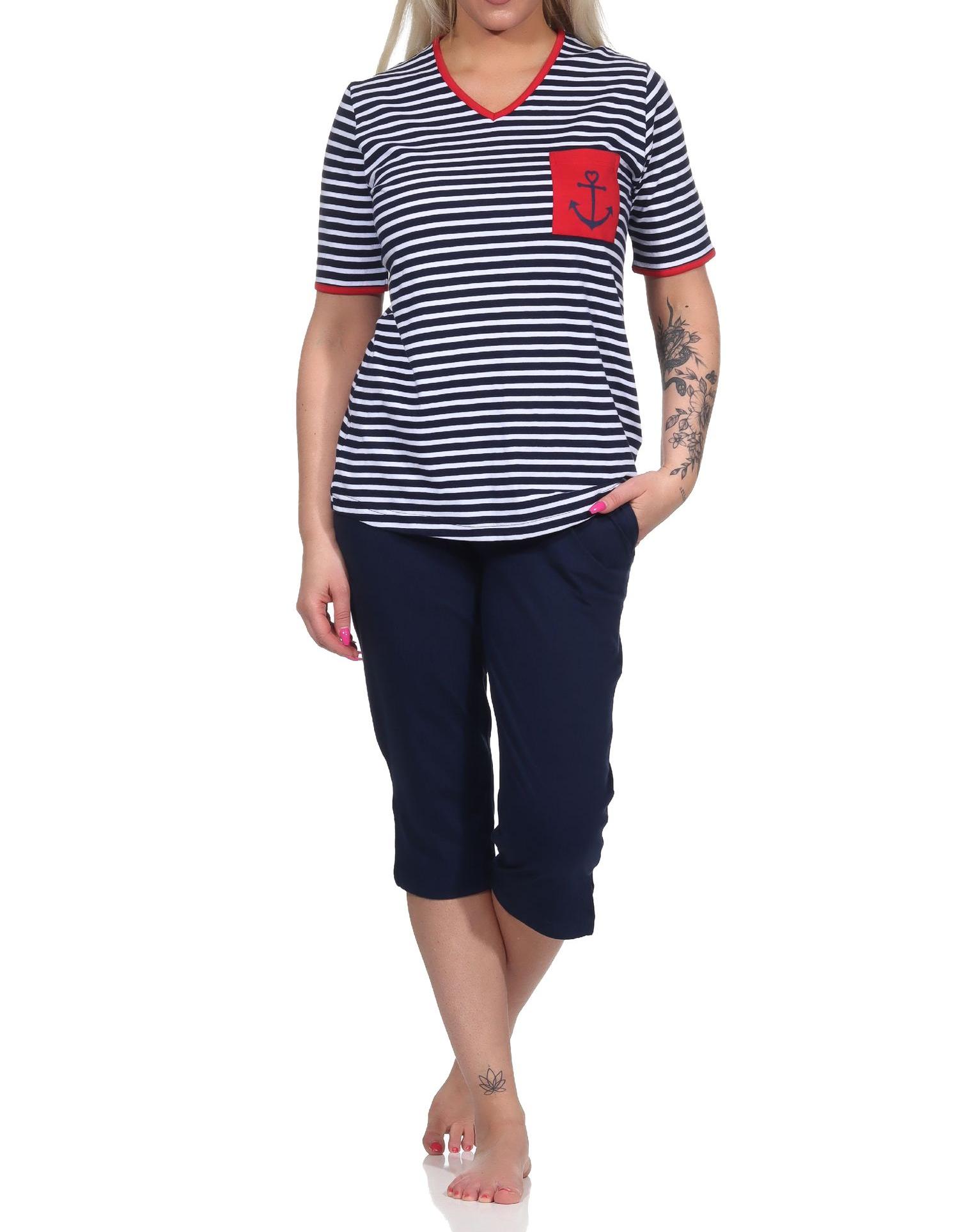 Maritimer Damen kurzarm Capri Schlafanzug, Oberteil mit Anker Motiv, auch in Übergrössen