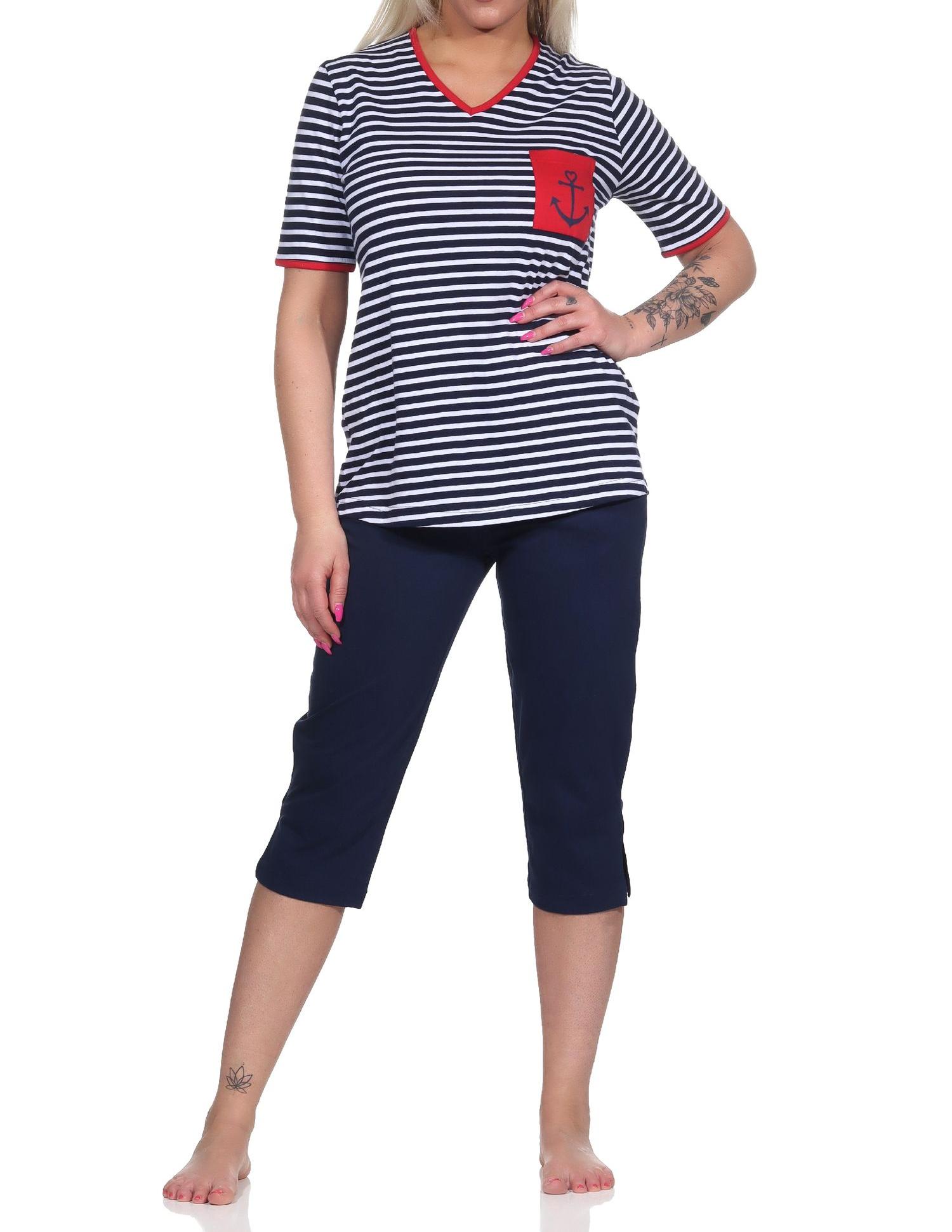 Maritimer Damen kurzarm Capri Schlafanzug, Oberteil mit Anker Motiv, auch in Übergrössen