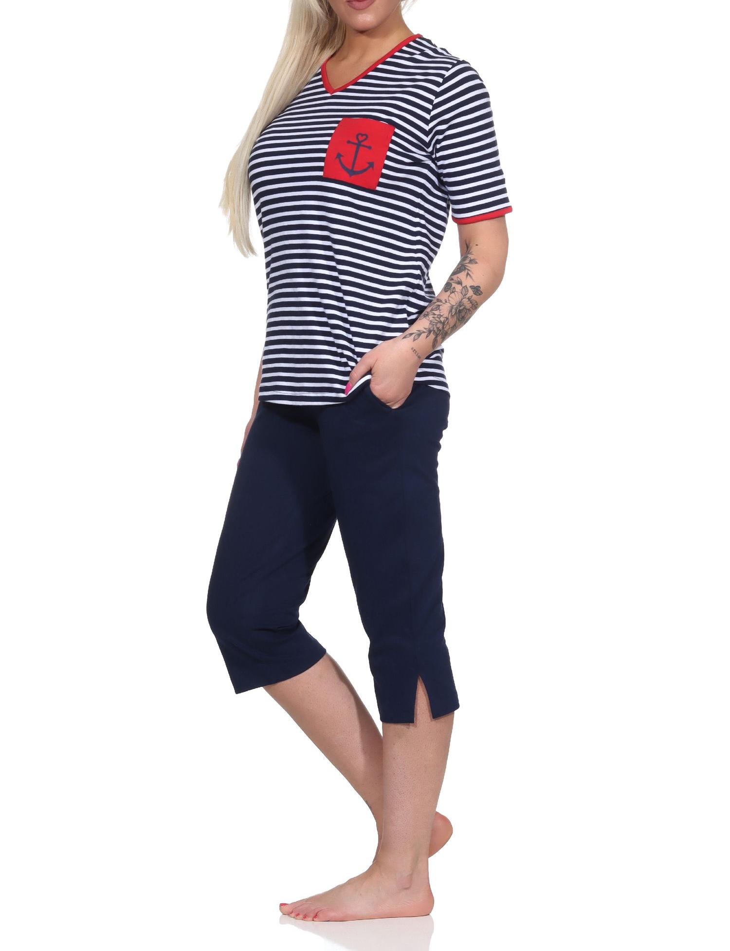 Maritimer Damen kurzarm Capri Schlafanzug, Oberteil mit Anker Motiv, auch in Übergrössen