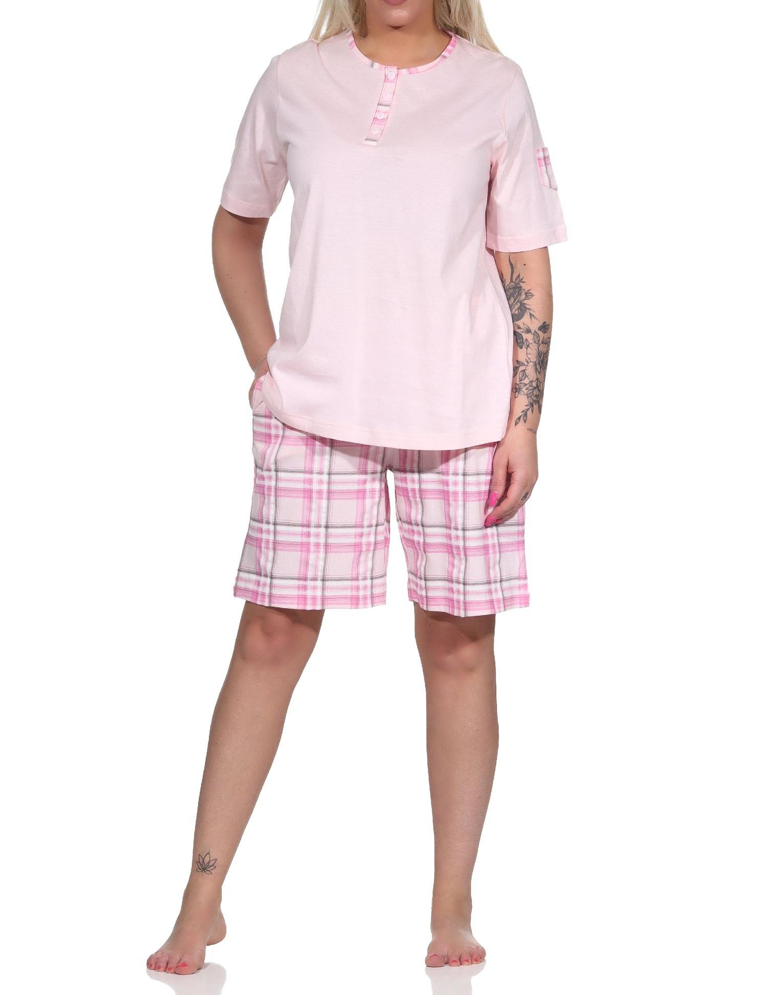 Edler Damen kurzarm Schlafanzug Shorty mit karierter Hose aus Jersey - auch in Übergrössen