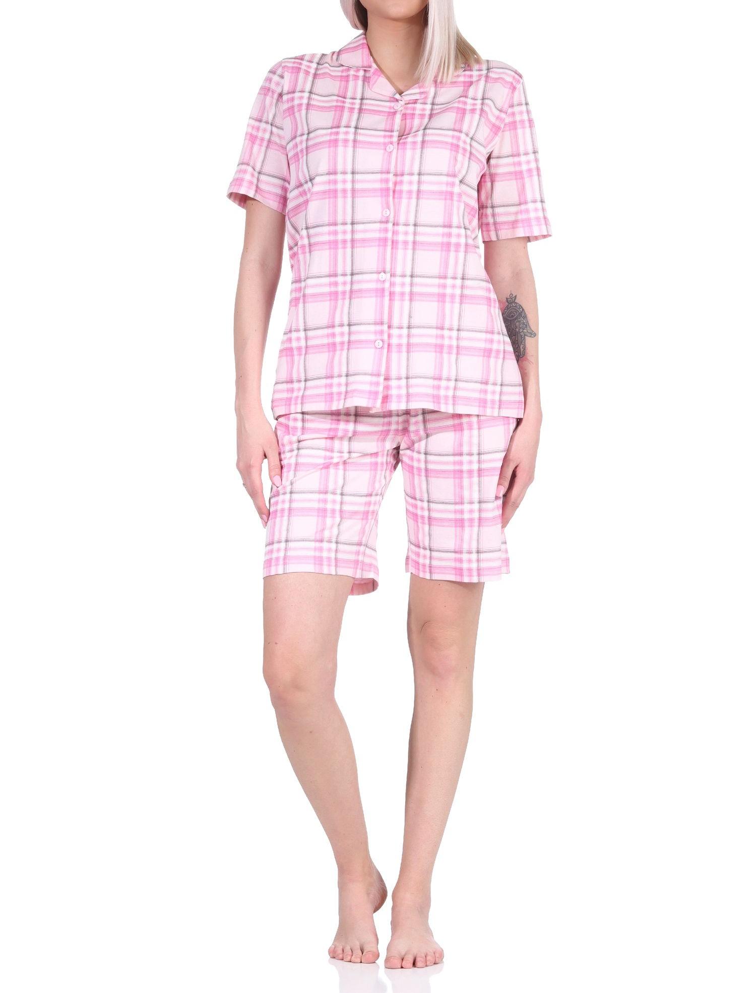 Damen kurzarm Shorty Pyjama aus Jersey zum durchknöpfen in Karo-Optik-auch in Übergrössen Damen kurzarm Shorty Pyjama aus Jersey zum durchknöpfen in Karo-Optik-auch in Übergrössen