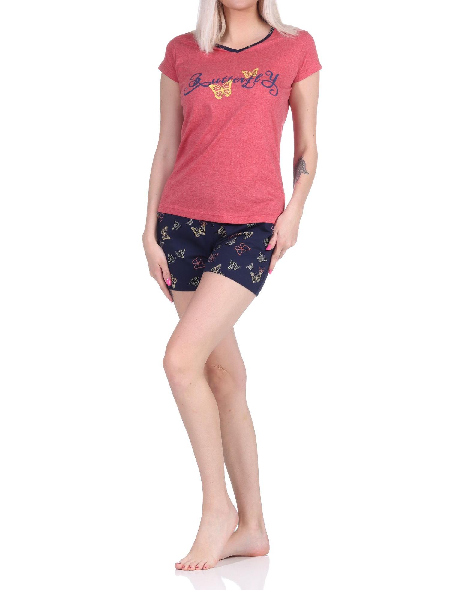 Damen kurzarm Shorty Schlafanzug Pyjama mit Schmetterling als Motiv - auch in Übergrössen