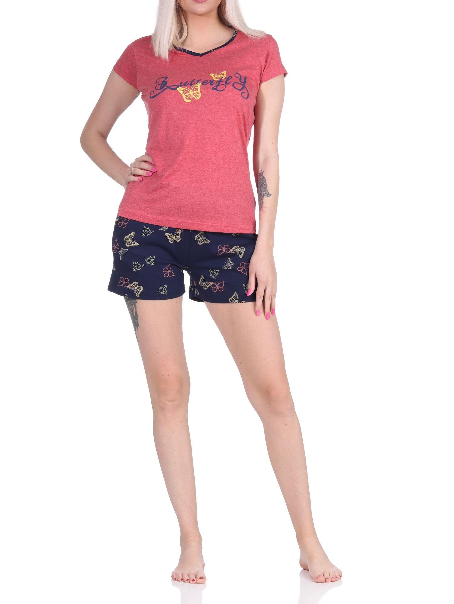 Damen kurzarm Shorty Schlafanzug Pyjama mit Schmetterling als Motiv - auch in Übergrössen