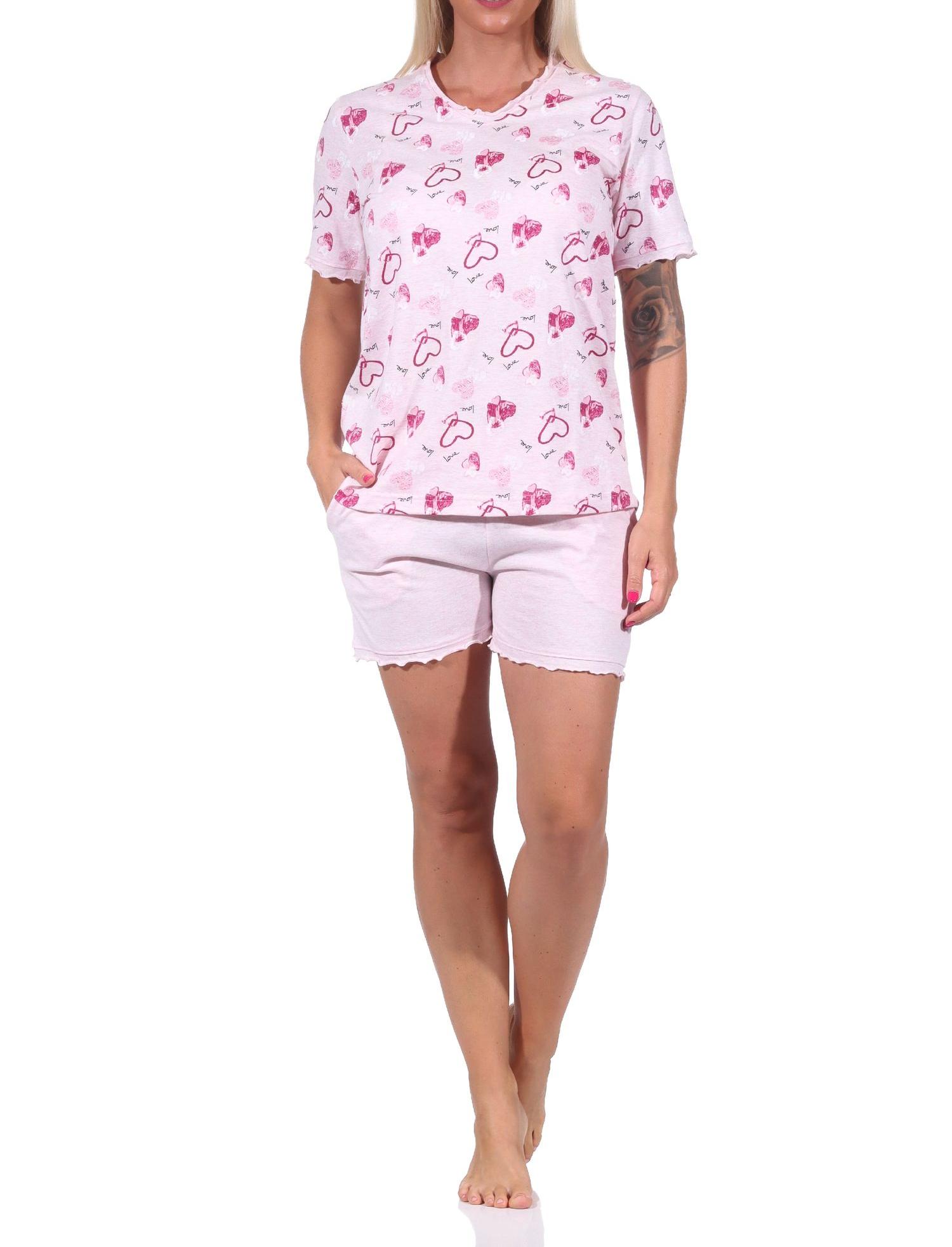Damen kurzarm Shorty Schlafanzug in Herz Motiv Optik - auch in Übergrössen - 122 205 815