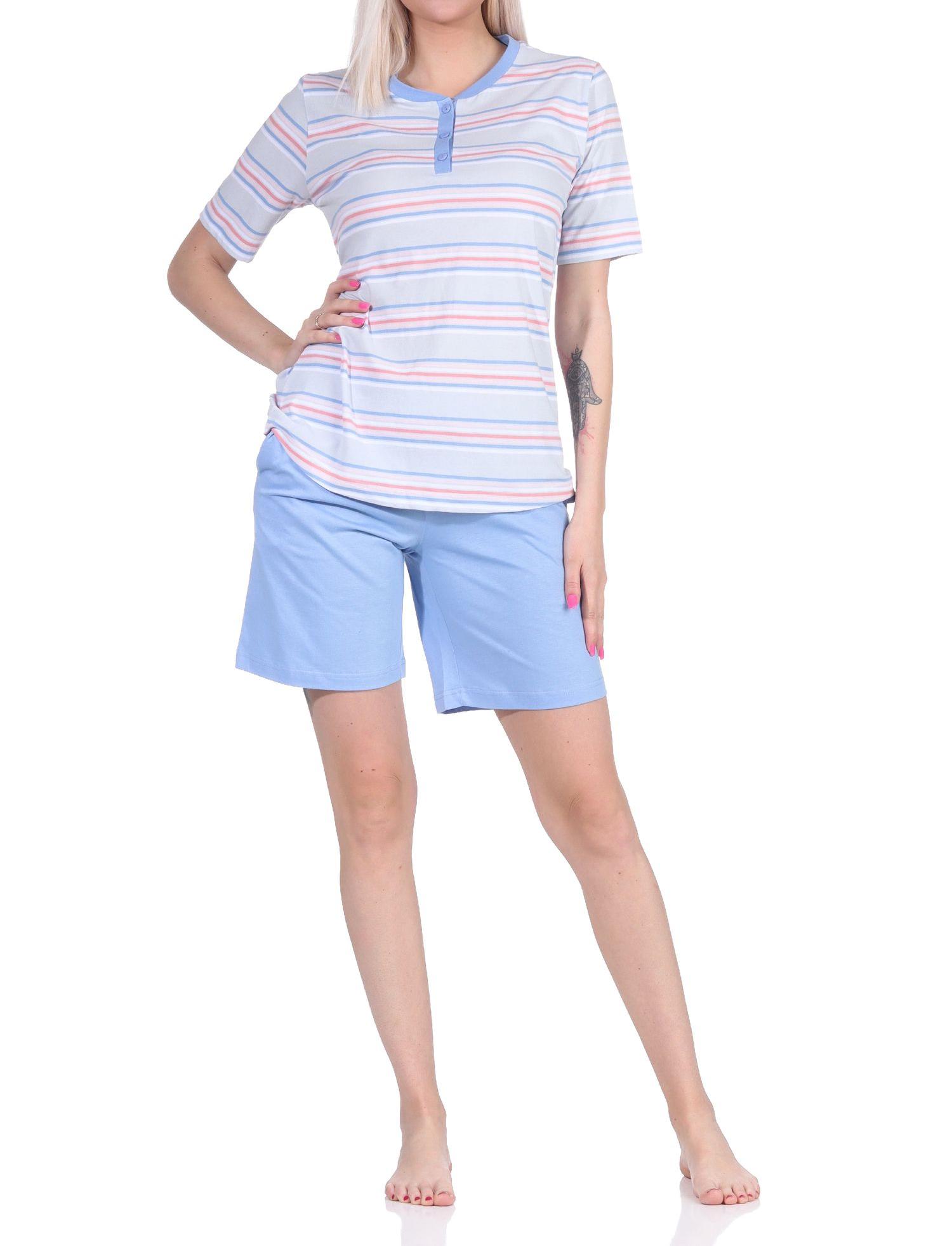 Damen Schlafanzug kurzarm Pyjama Shorty in pastellfarbenen Streifen - 122 205 863