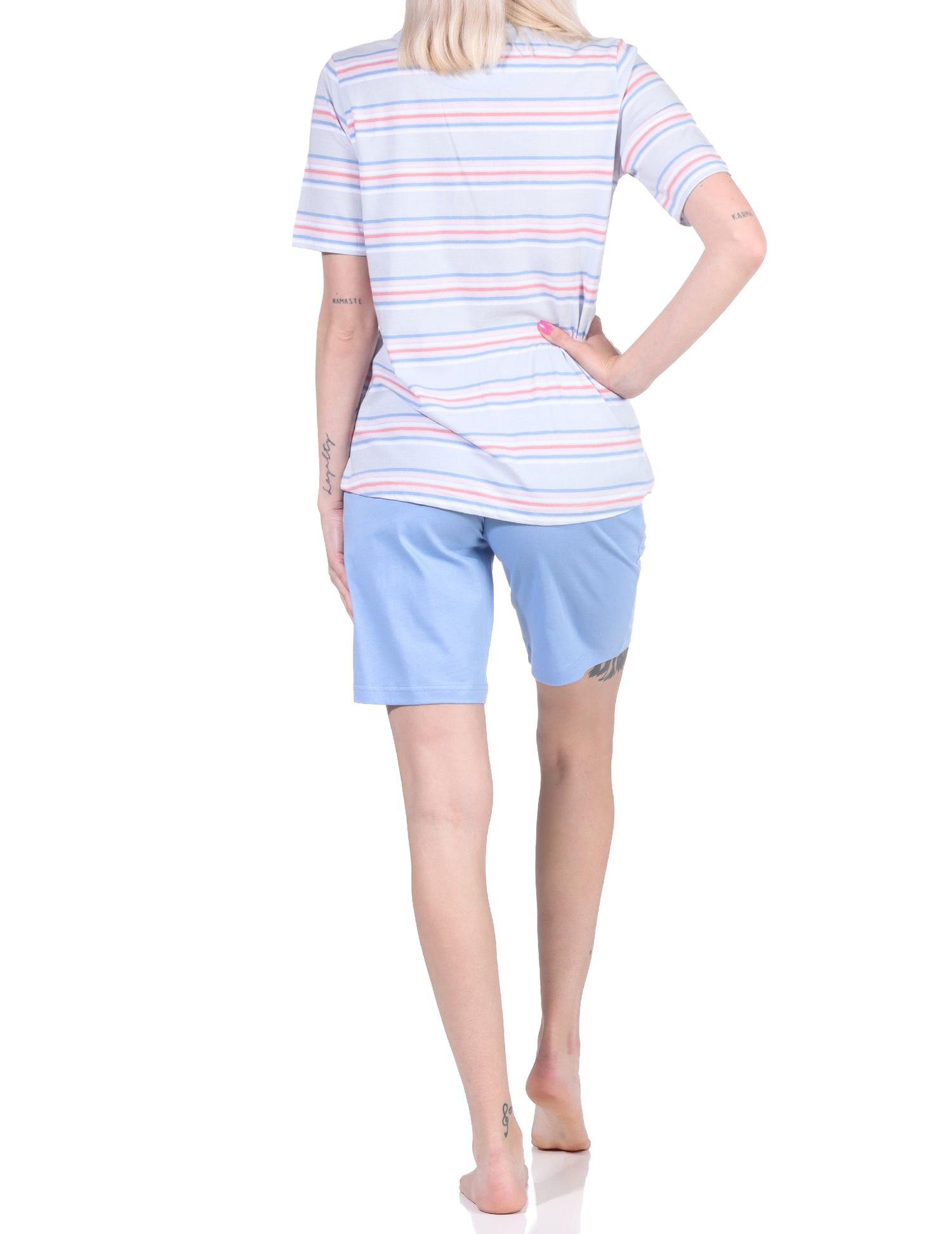 Damen Schlafanzug kurzarm Pyjama Shorty in pastellfarbenen Streifen - 122 205 863