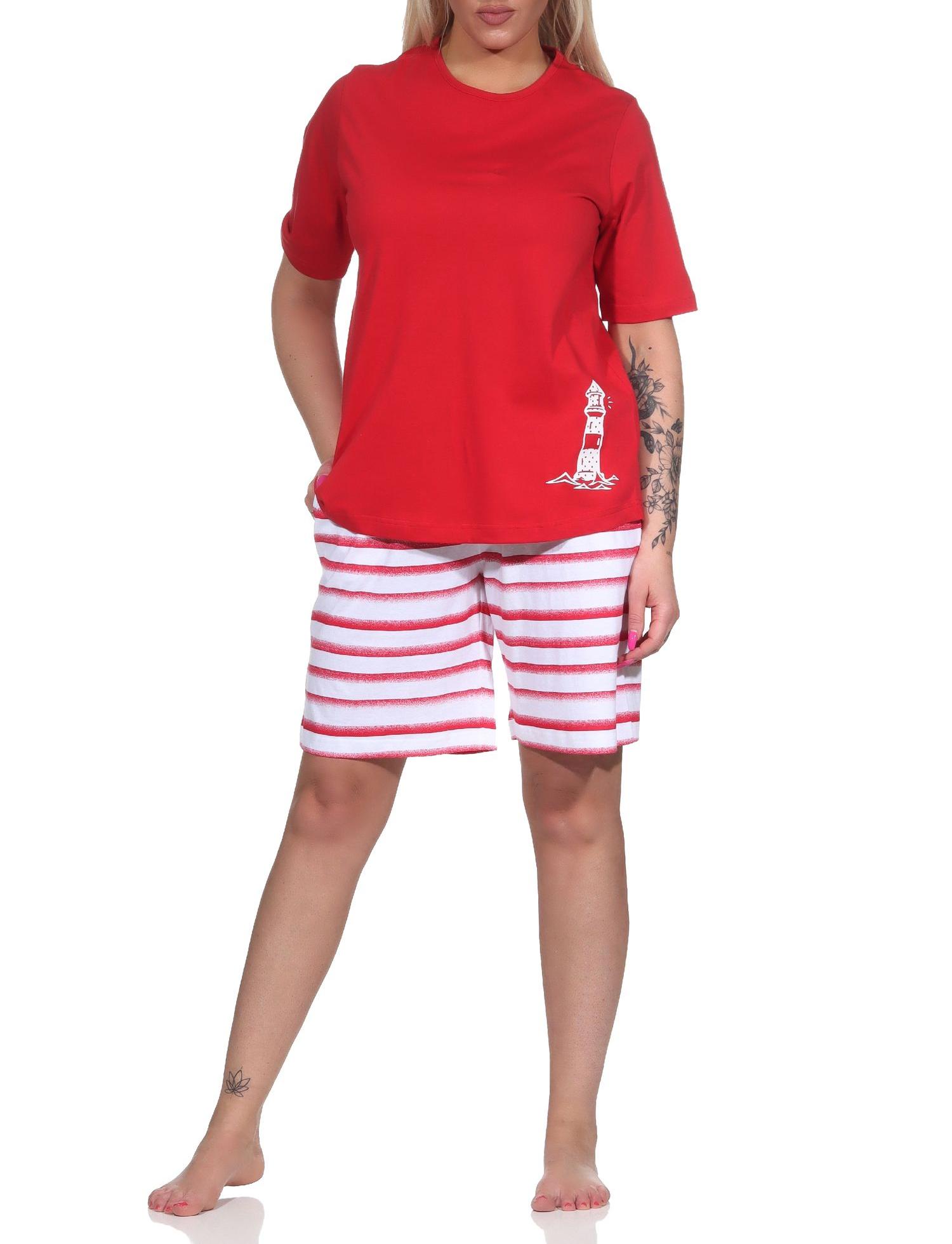 Maritimer Damen kurzarm Shorty Schlafanzug, Top mit Leuchturm Motiv, auch in Übergrössen
