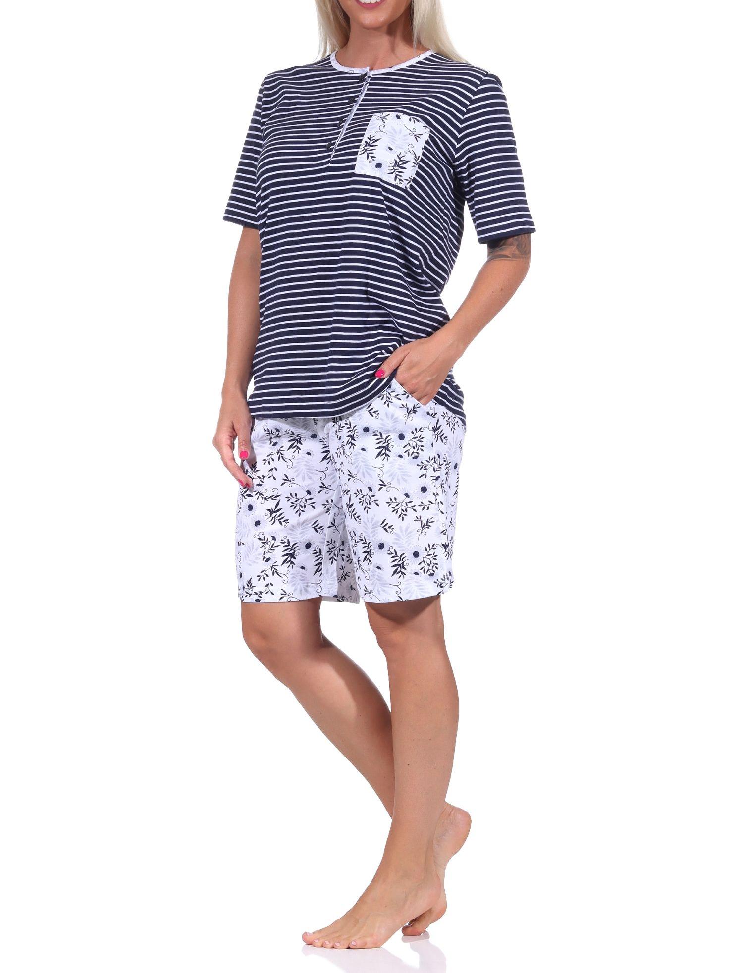 Damen Schlafanzug Shorty Pyjama kurzarm, Oberteil gestreift, Hose mit Blümchen