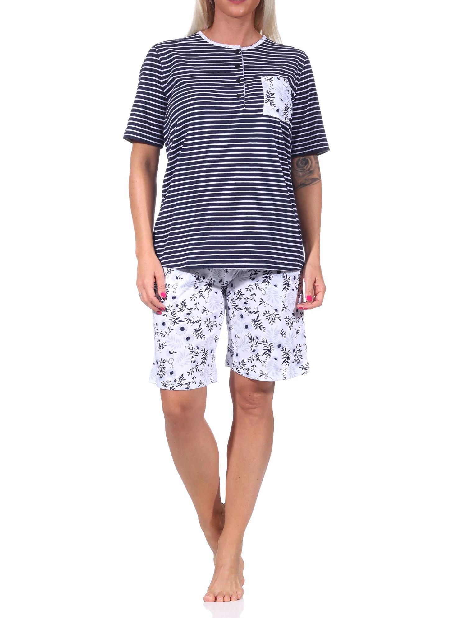 Damen Schlafanzug Shorty Pyjama kurzarm, Oberteil gestreift, Hose mit Blümchen