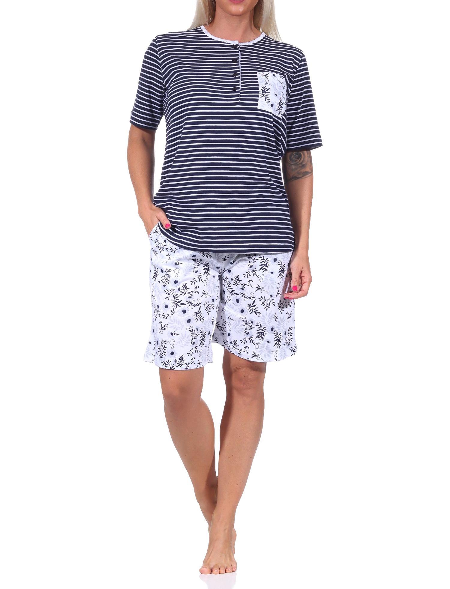 Damen Schlafanzug Shorty Pyjama kurzarm, Oberteil gestreift, Hose mit Blümchen