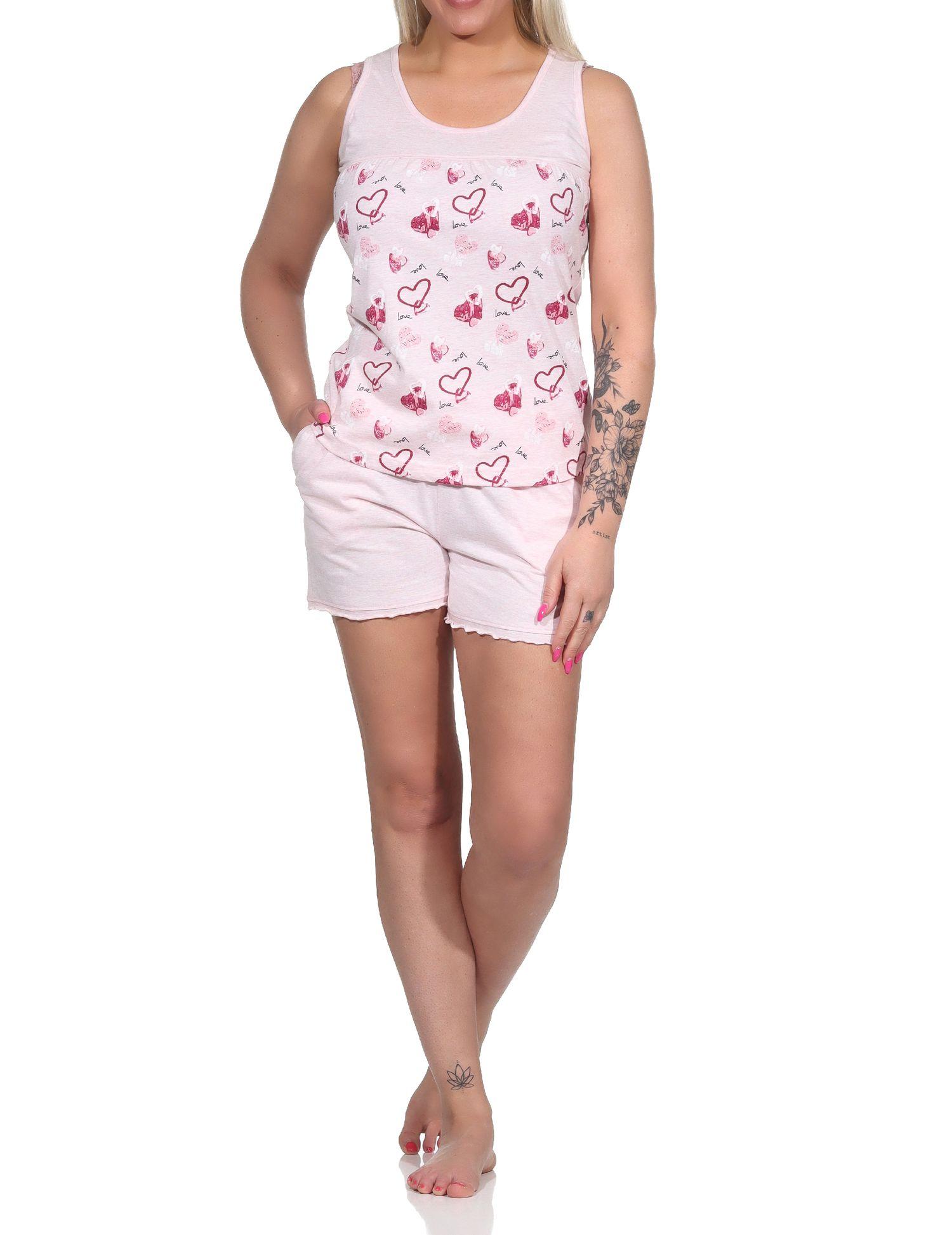 Ärmelloser Damen Achsel-Shorty Schlafanzug in Herz Motiv Optik - auch in Übergrössen